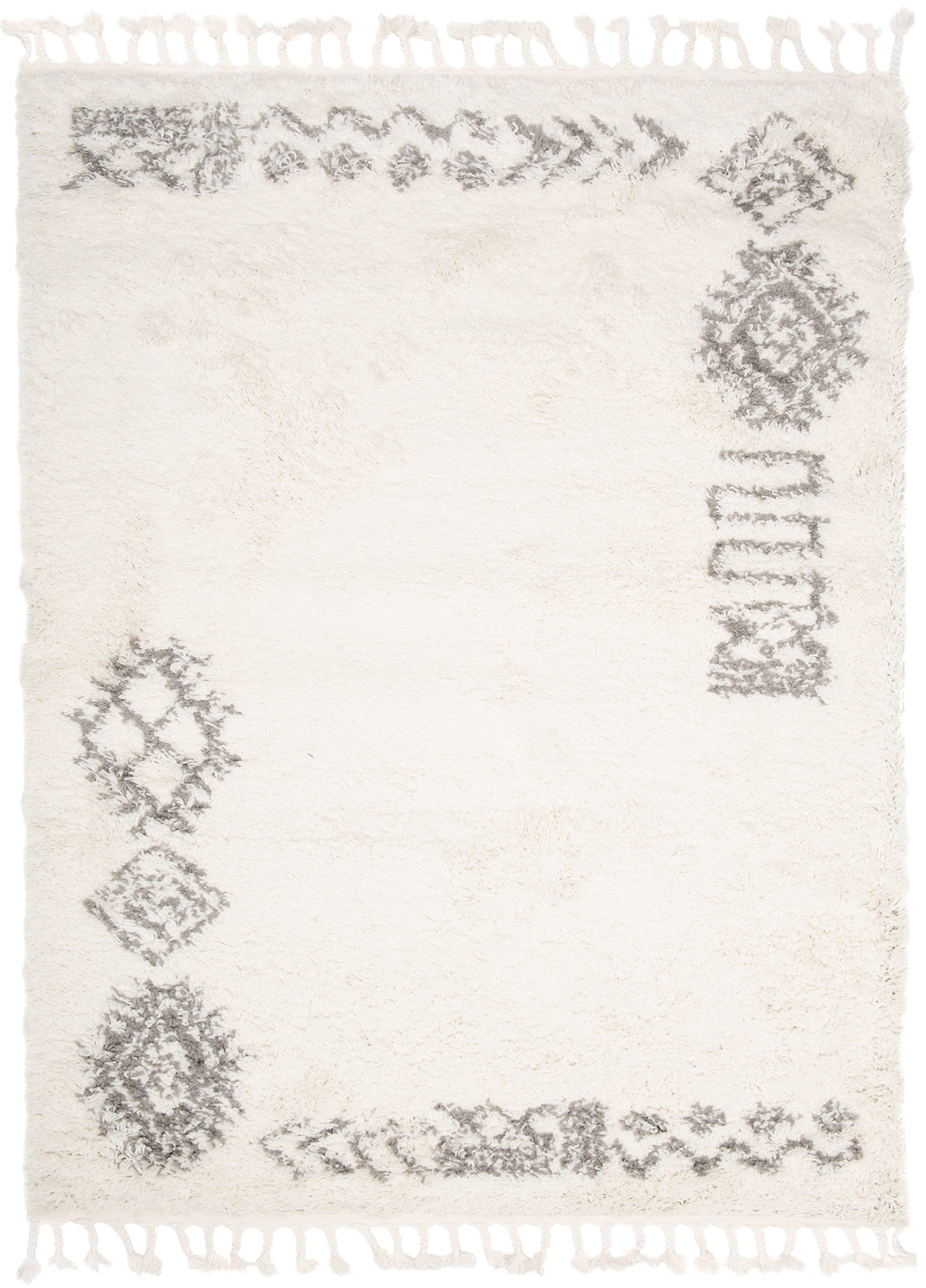 Area Rug Boho Shaggy Fringes Ethno Frame Cream Dark Grey