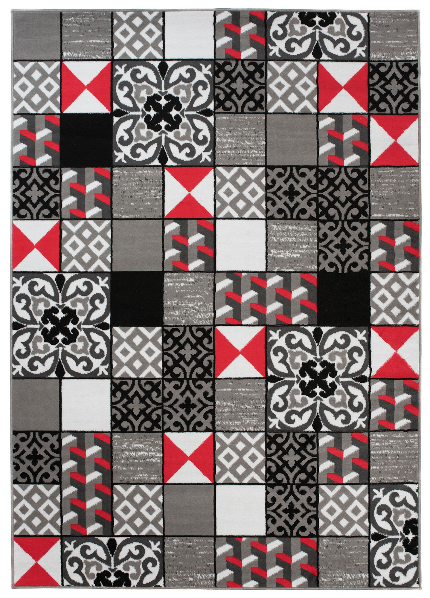 Area Rug Maya Modern Short Pile Mosaic Designer Grey Red