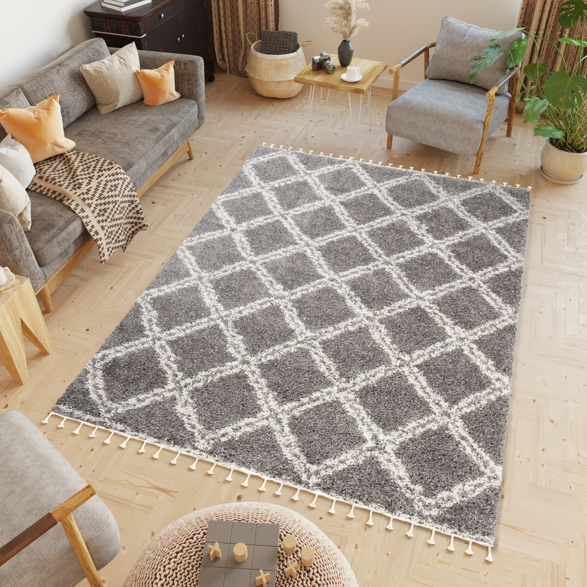 Area Rug Boho Shaggy Fringes Checkered Dark Grey Cream