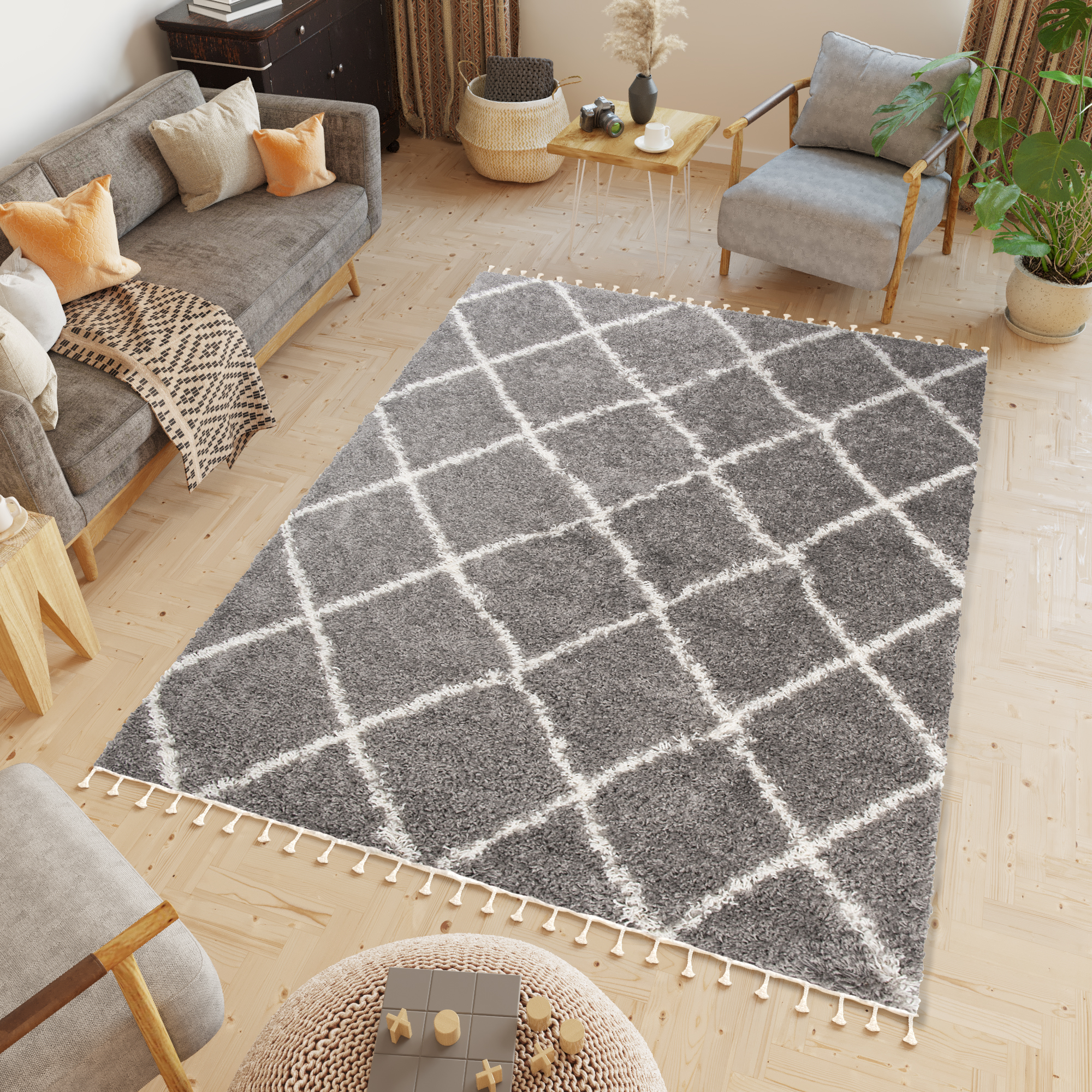 Area Rug Boho Shaggy Fringes Diamond Lines Grey Cream