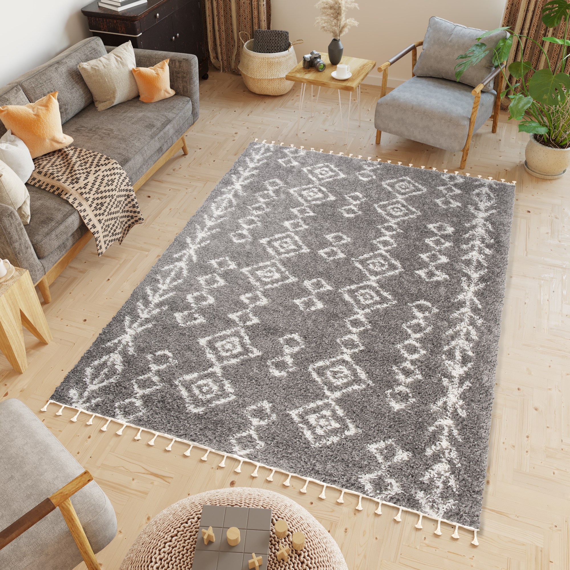 Area Rug Boho Shaggy Fringes Ethno Lines Grey Cream