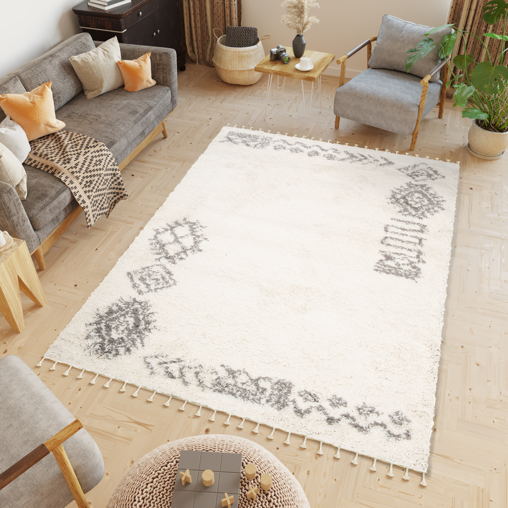 Area Rug Boho Shaggy Fringes Ethno Frame Cream Dark Grey