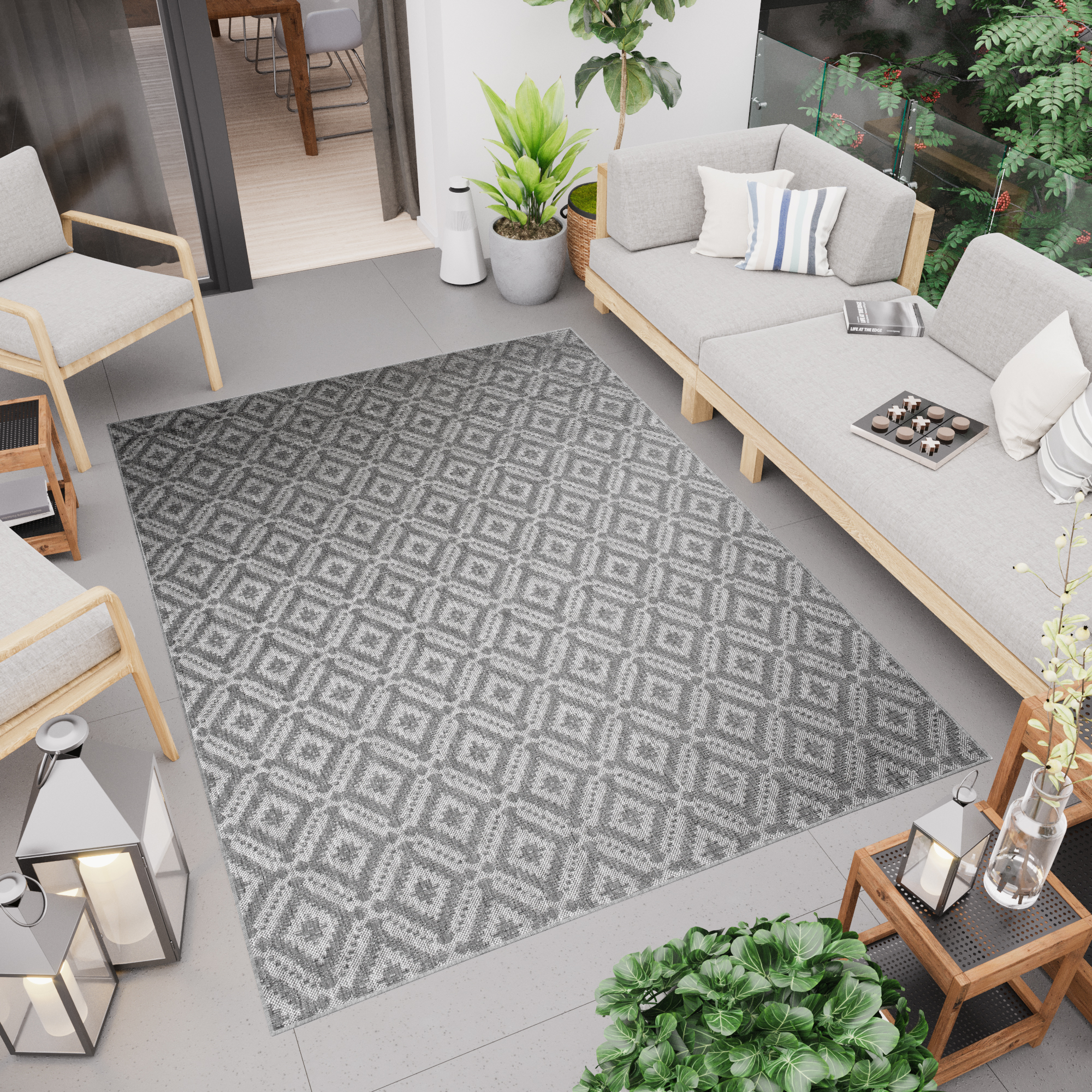 Area Rug Capri Sisal Indoor Outdoor Grey Diamond Mosaic