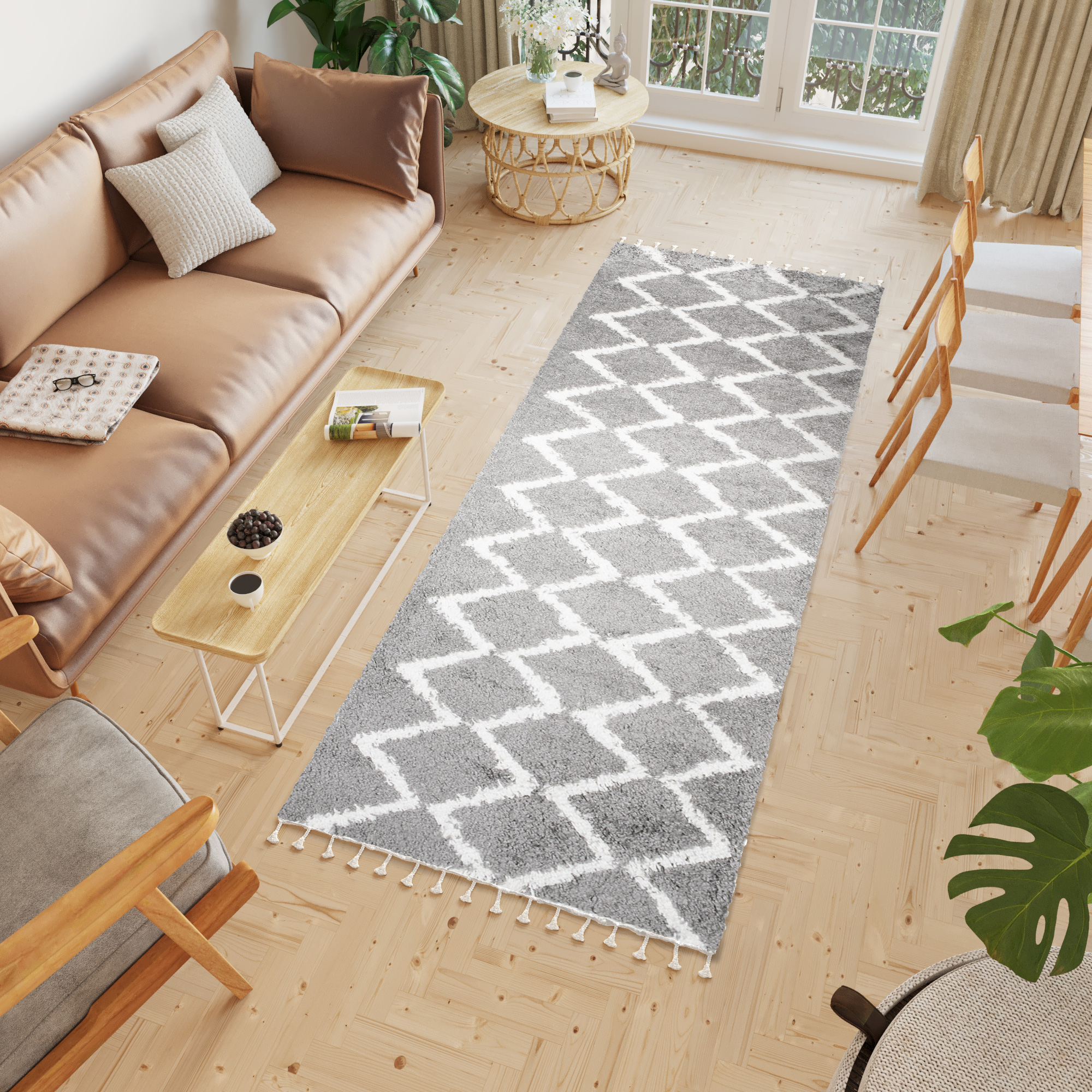 Carpet Runner Boho Shaggy Fringes Soft Grey Fluffy Long Pile Zig-Zag