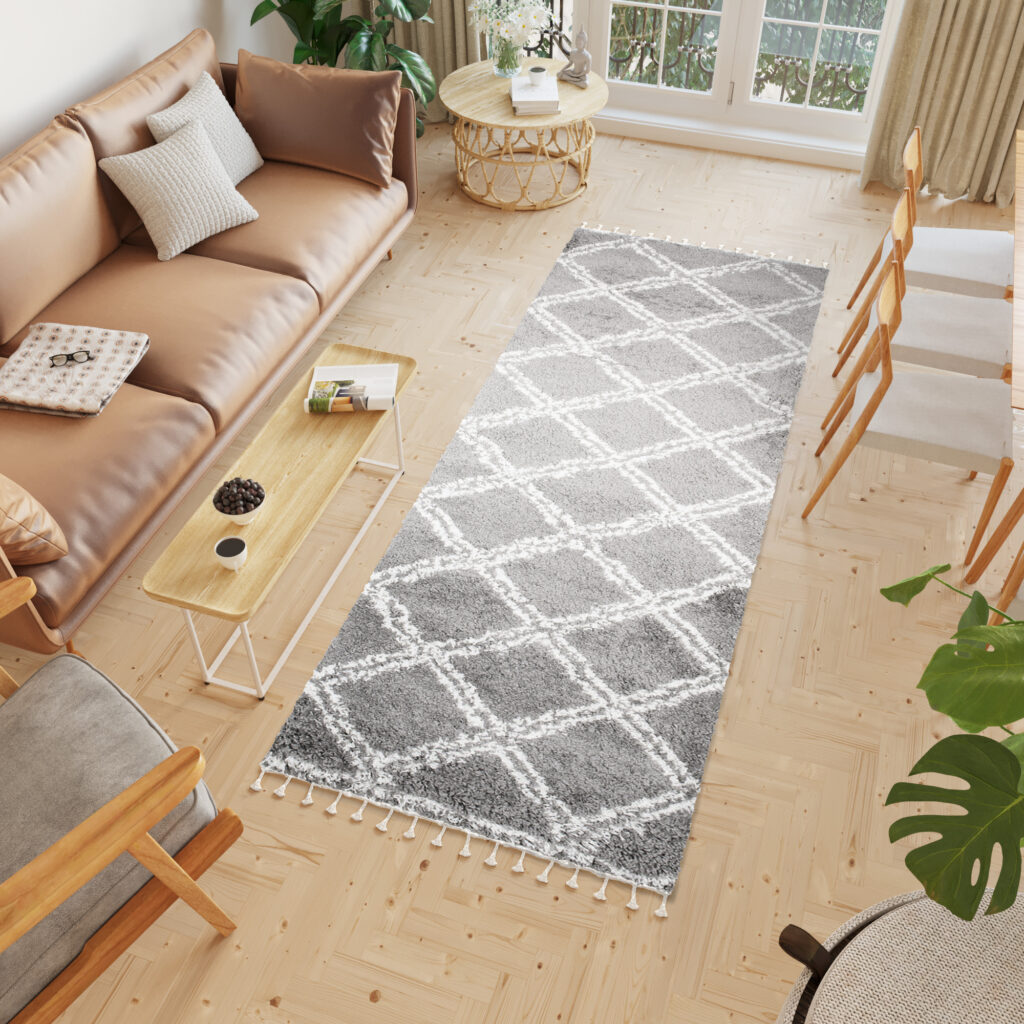 Carpet Runner Boho Shaggy Grey Modern Fringes Geometric Soft Fluffy