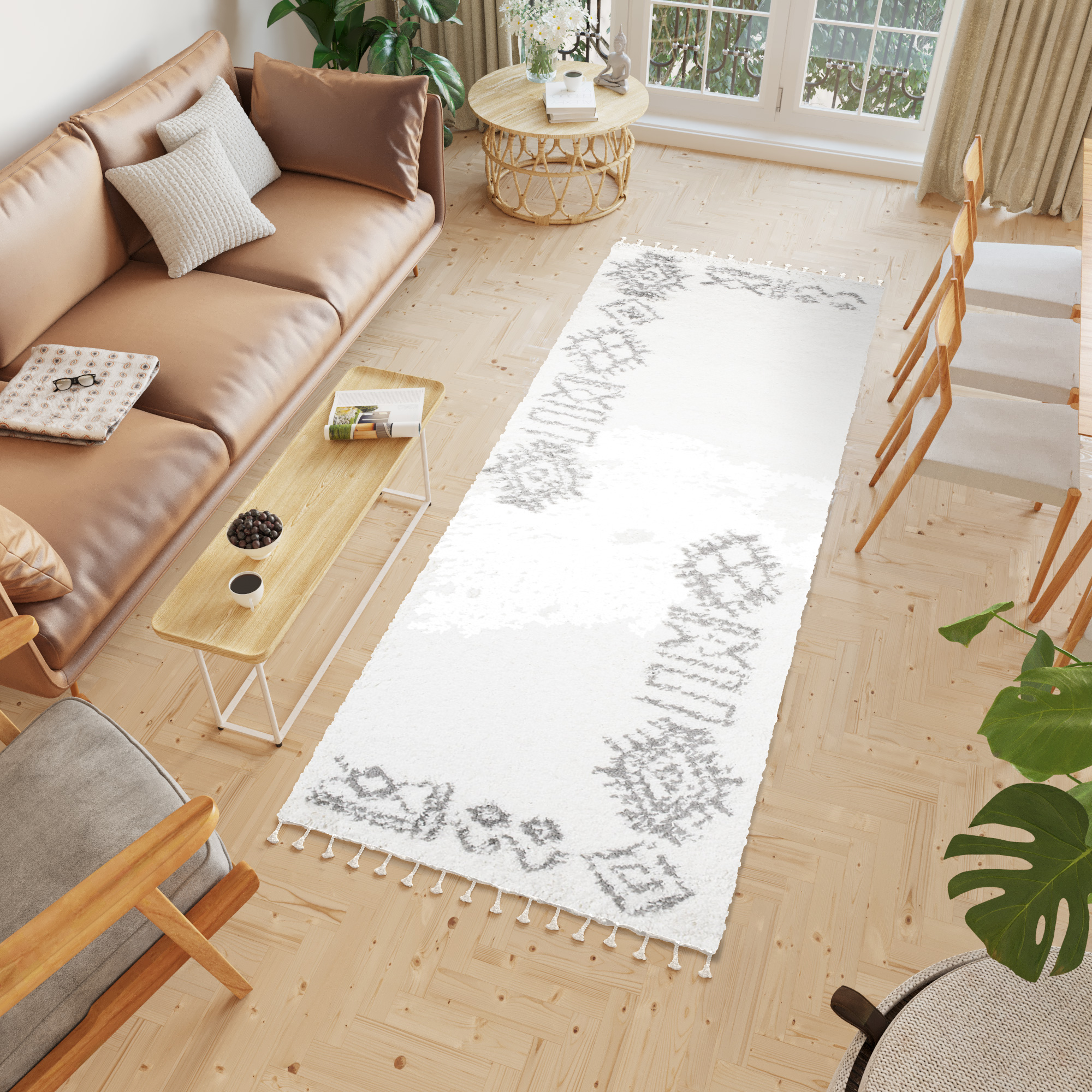 Carpet Runner Boho Shaggy Cream Grey Ethno Soft Fluffy Pile Fringes