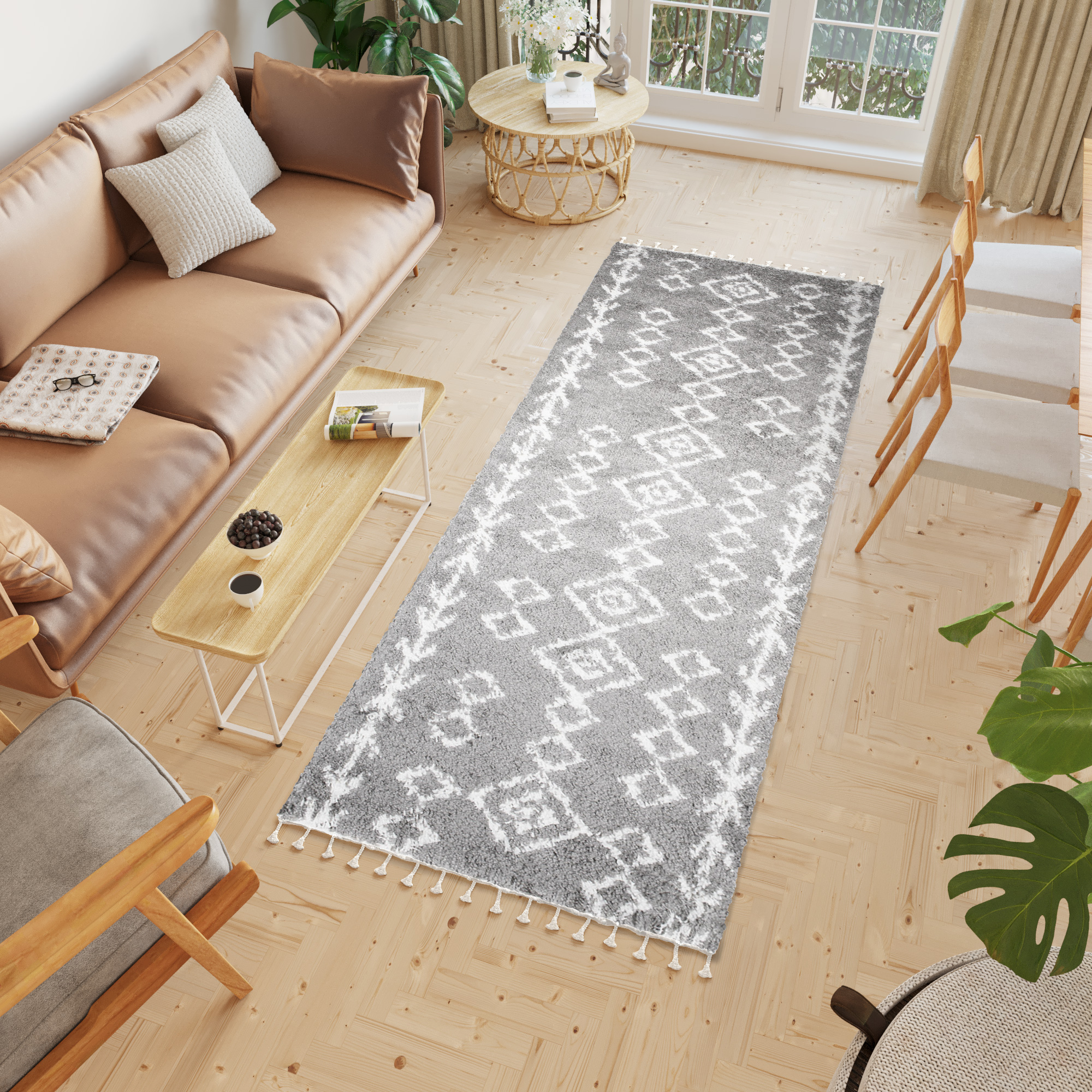 Carpet Runner Boho Shaggy Ethno Lines Soft Fluffy Grey Cream Fringes