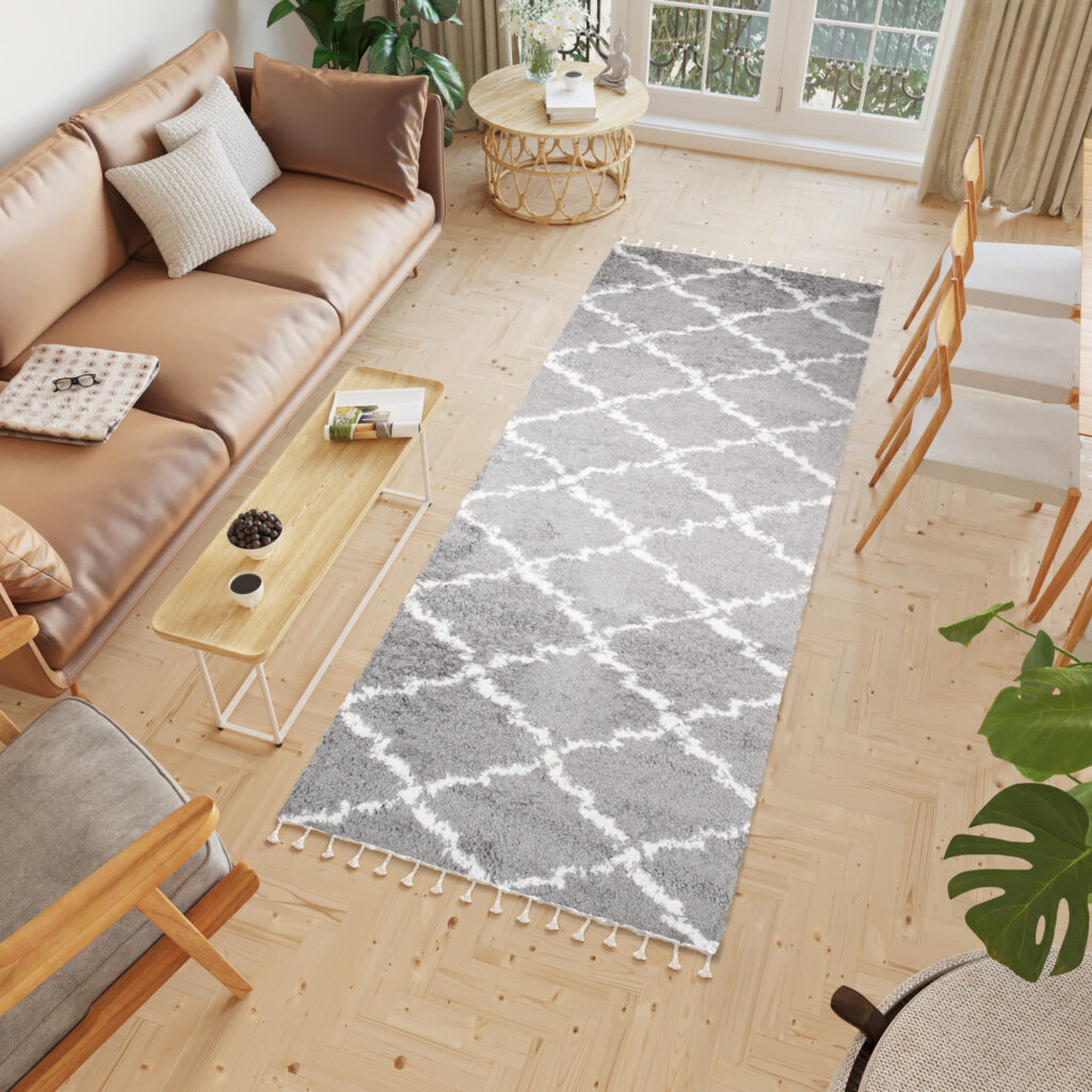 Carpet Runner Boho Shaggy Grey Cream Fluffy Moroccan Trellis Fringes