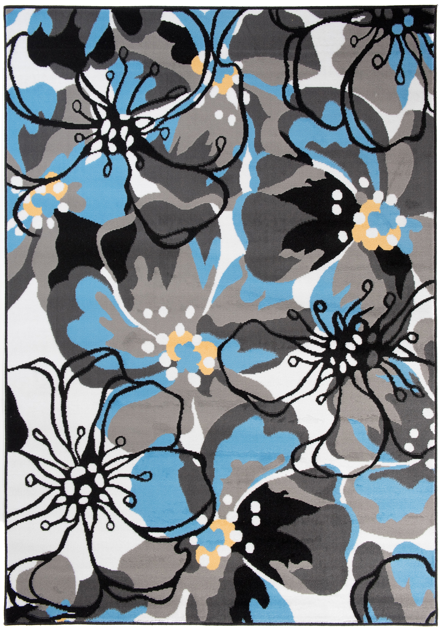 Area Rug Maya Modern Short Pile Designer Flowers Blue Grey
