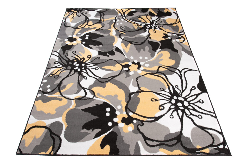 Area Rug Maya Modern Short Pile Designer Flowers Yellow Grey