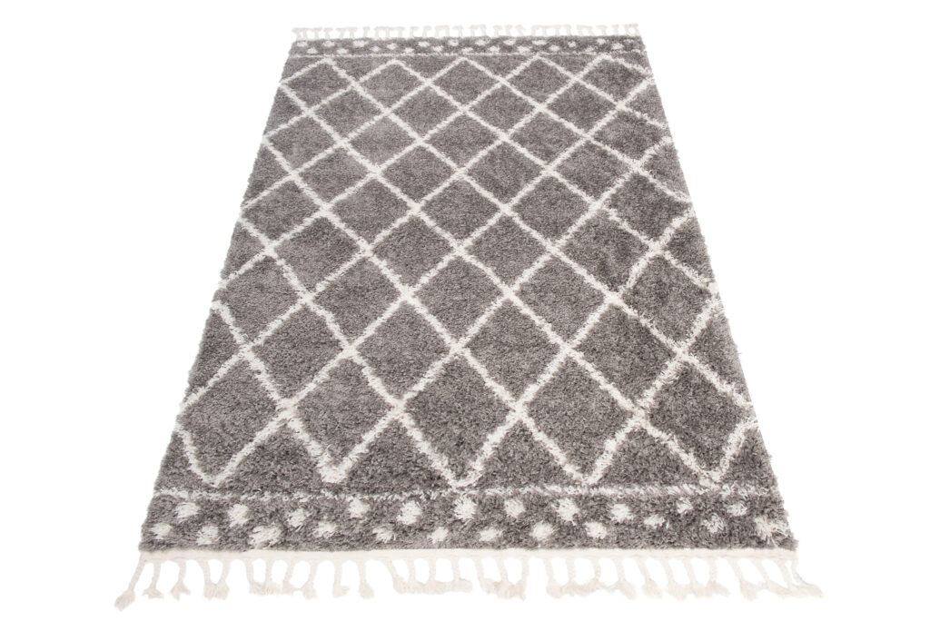 Area Rug Boho Shaggy Fringes Checkered Dots Grey Cream