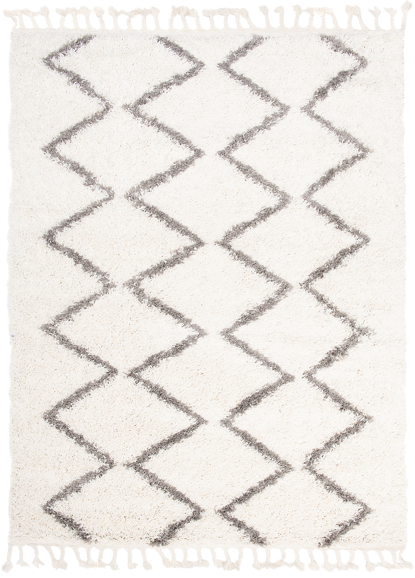 Area Rug Boho Shaggy Fringes ZigZag Ethno Cream Grey