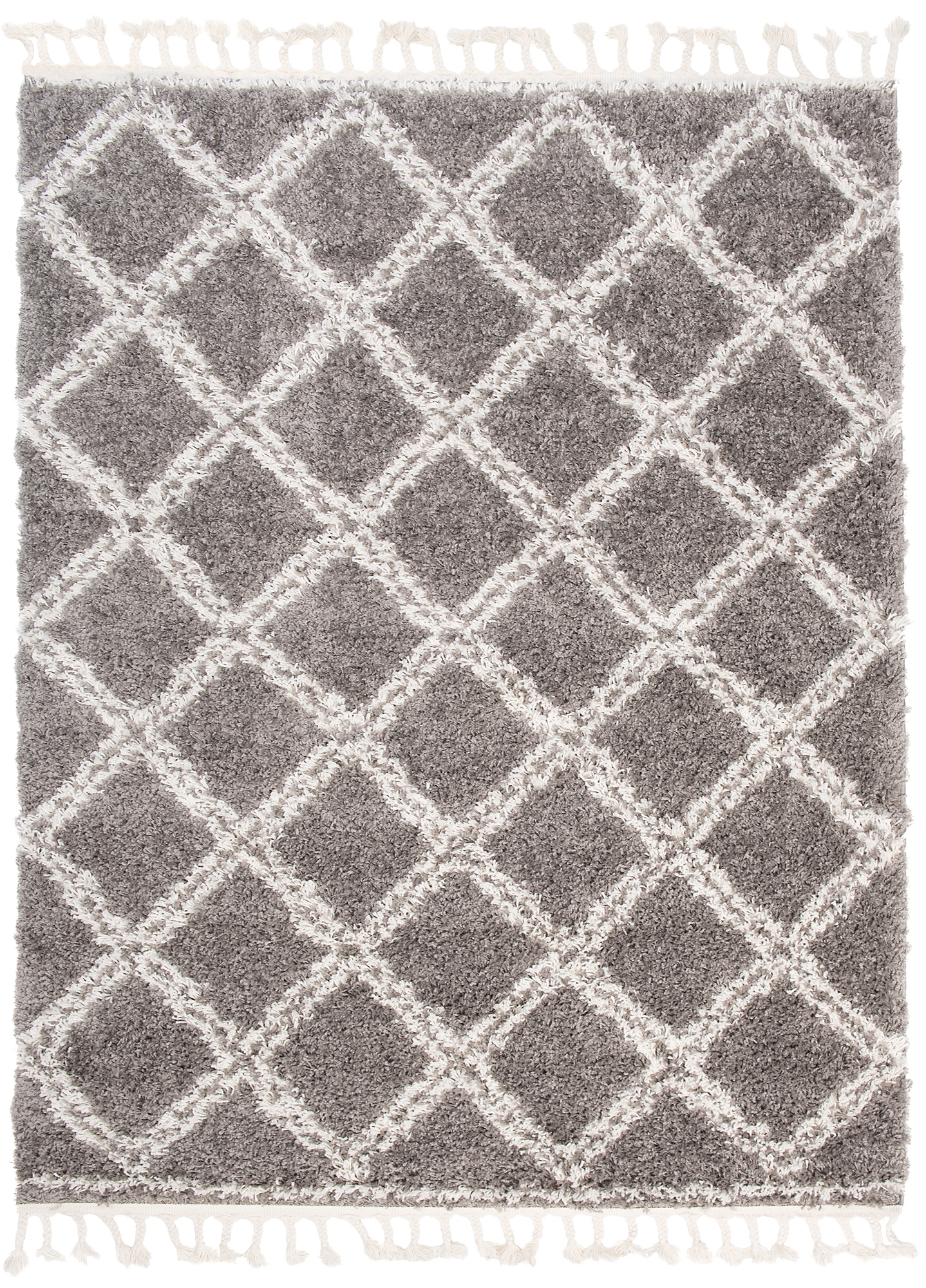 Area Rug Boho Shaggy Fringes Checkered Dark Grey Cream