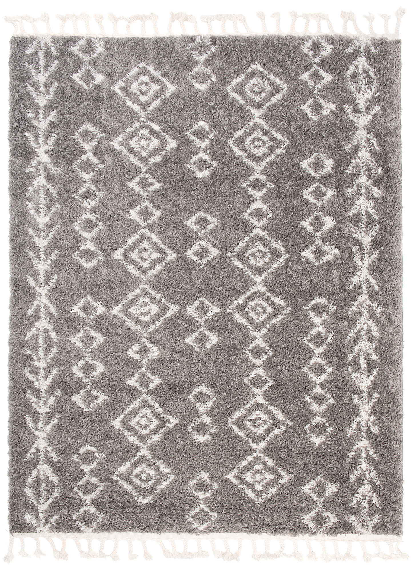Area Rug Boho Shaggy Fringes Ethno Lines Grey Cream