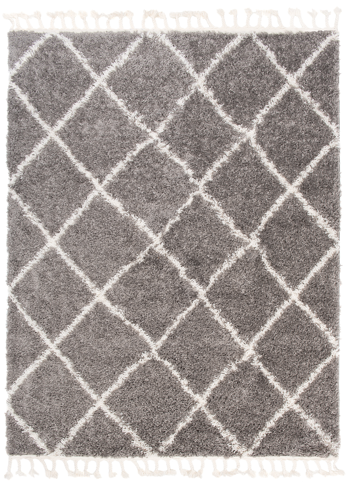 Area Rug Boho Shaggy Fringes Diamond Lines Grey Cream