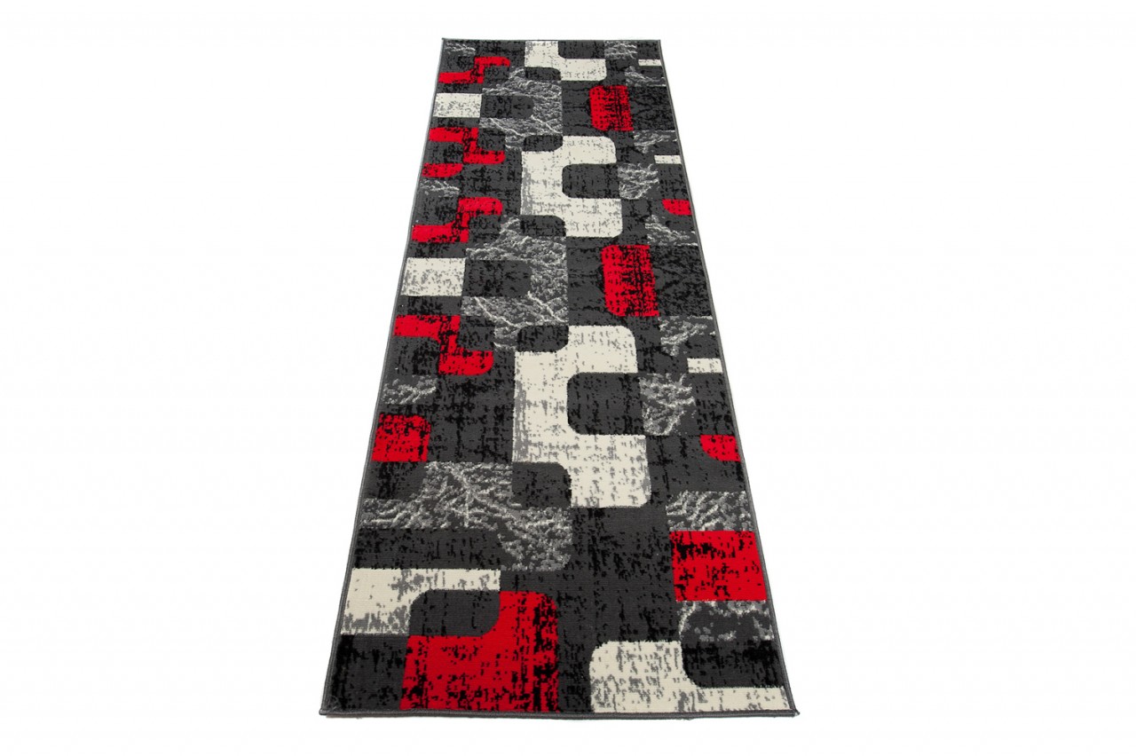Carpet Runner Dream Grey Cream Red Geometric Shapes