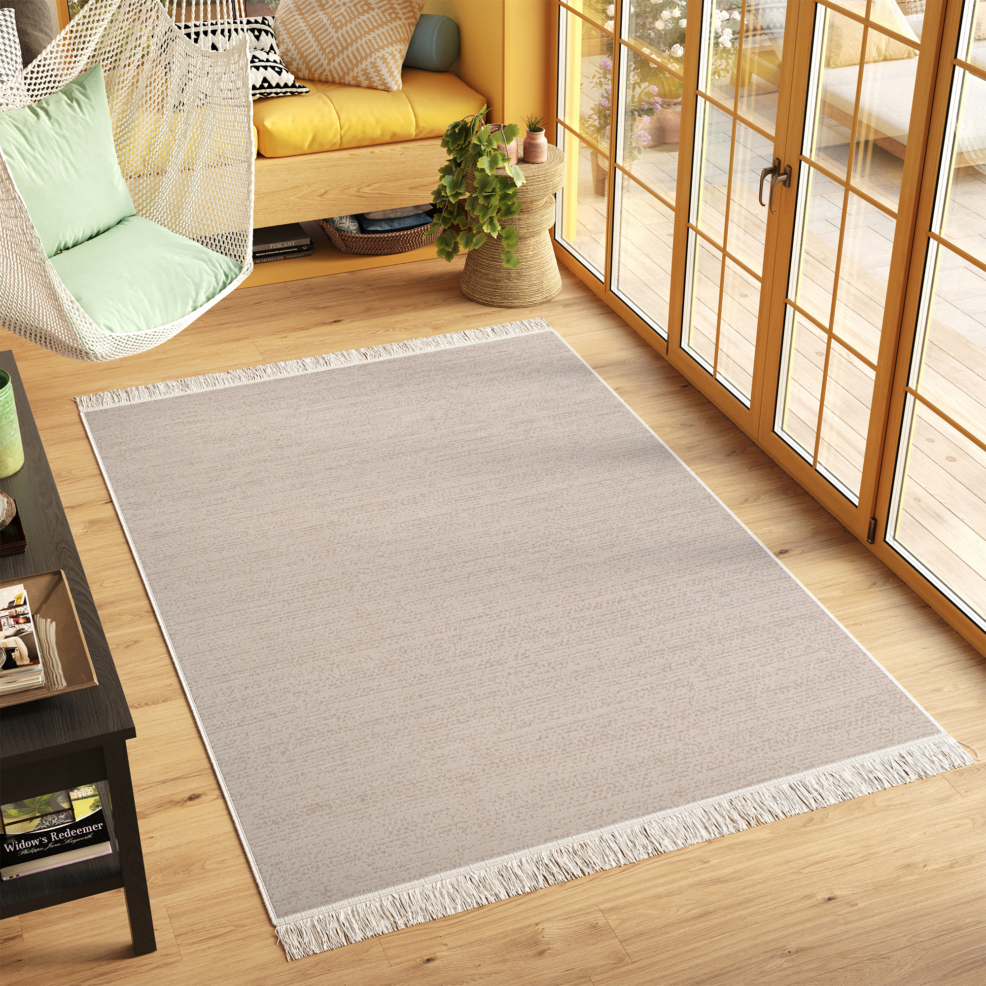 Area Rug Azteca Cotton Beige with Fringes