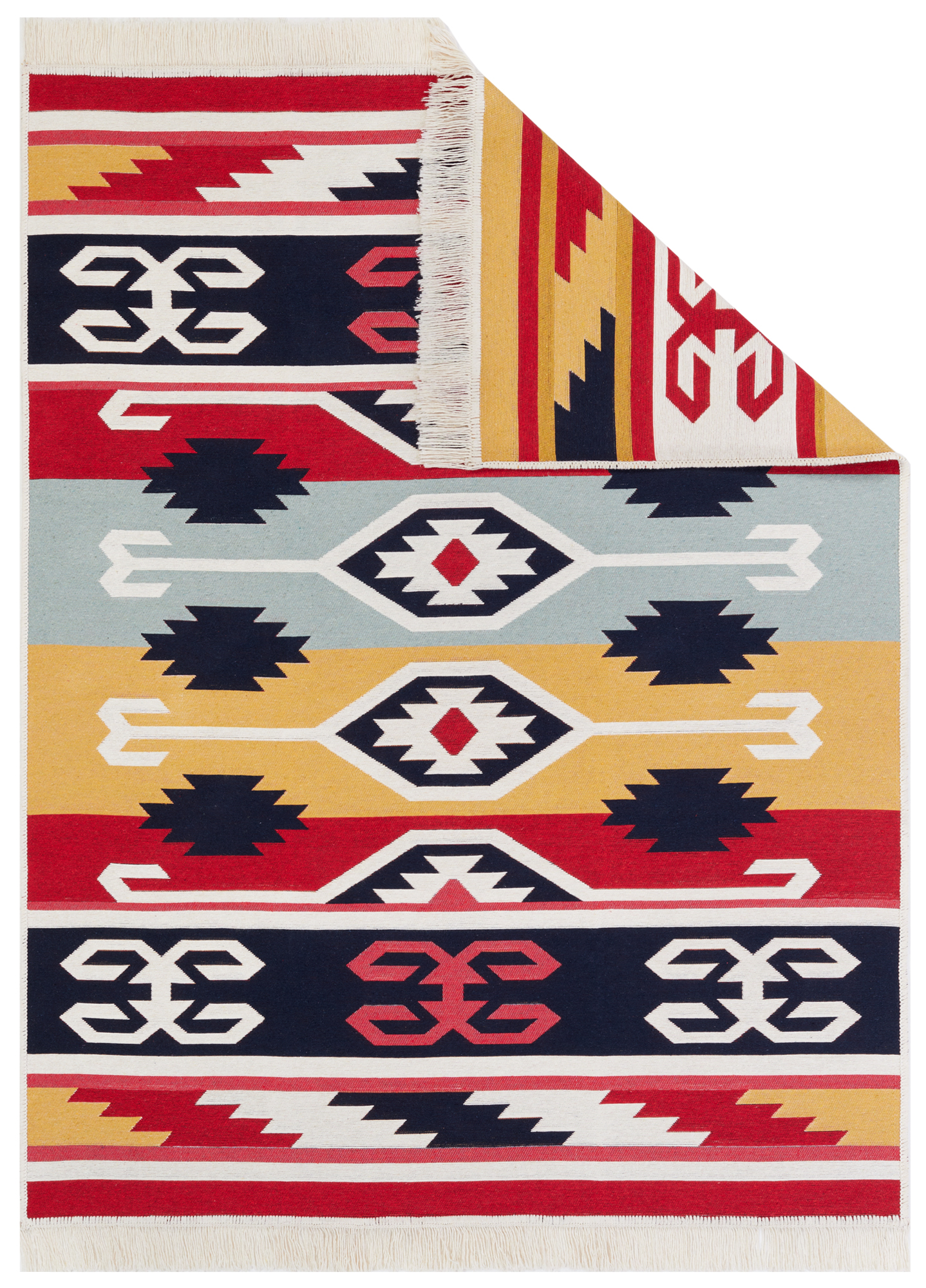 Area Rug Azteca Cotton Red Blue with Fringes