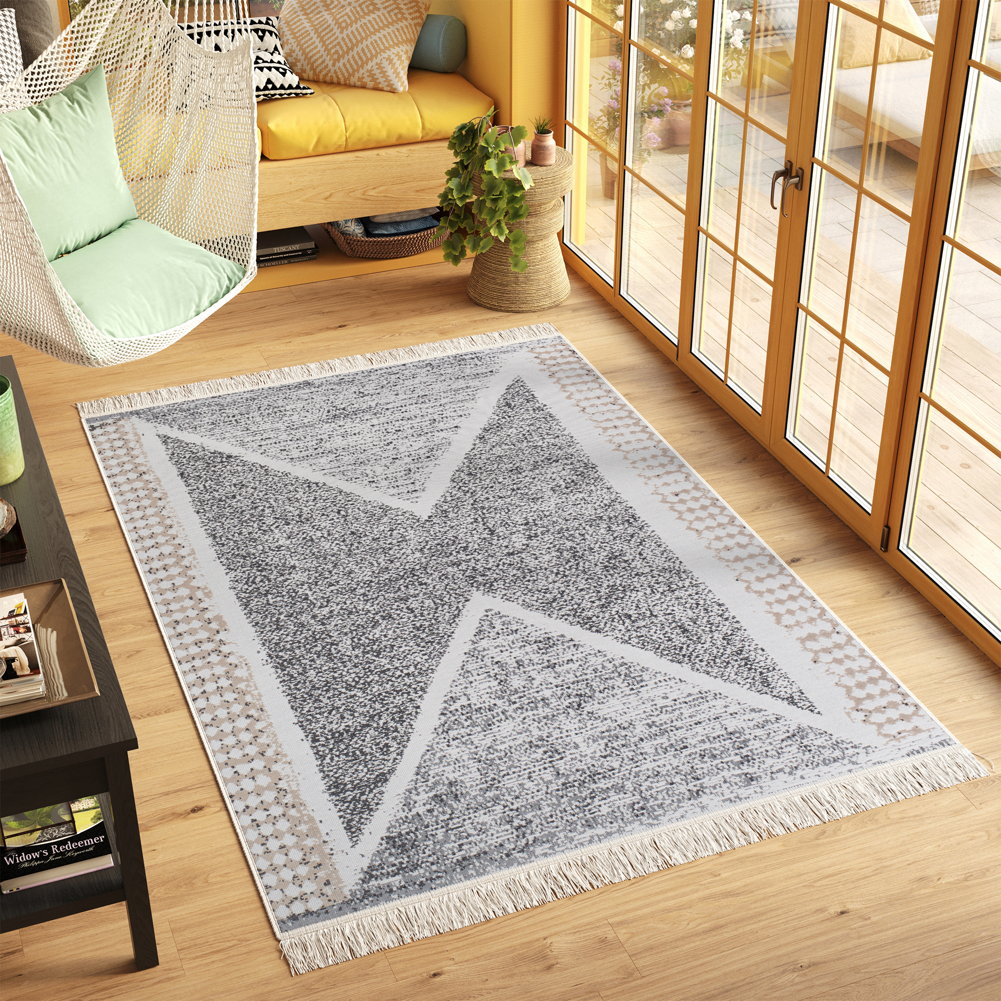 Area Rug Azteca Cotton Grey Beige with Fringes