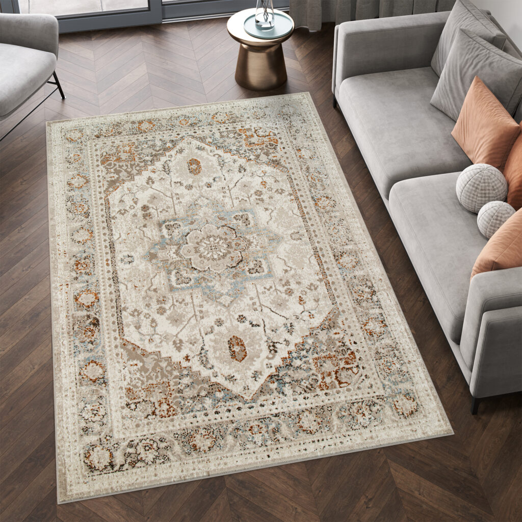 Area Rug Retro Grey Blue Copper Floral Vintage