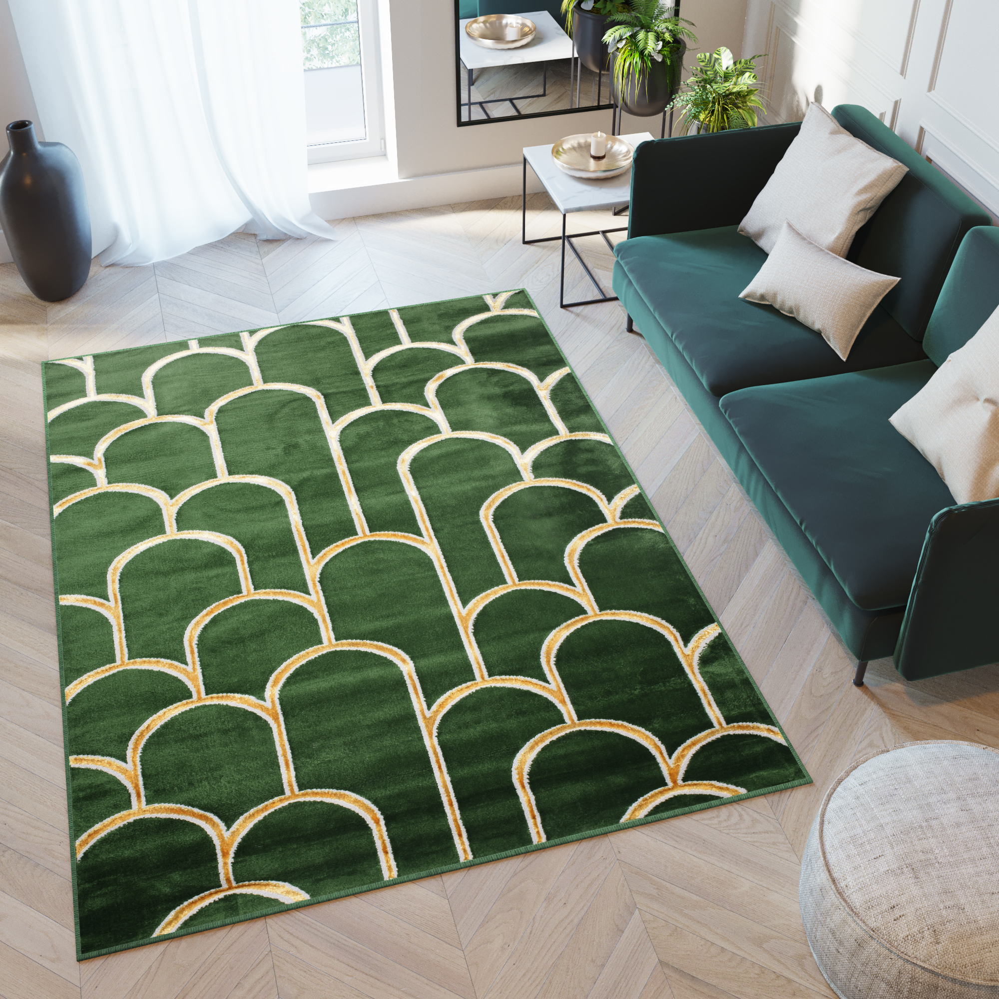 Area Rug Turmalin Green Gold Round Rectangles