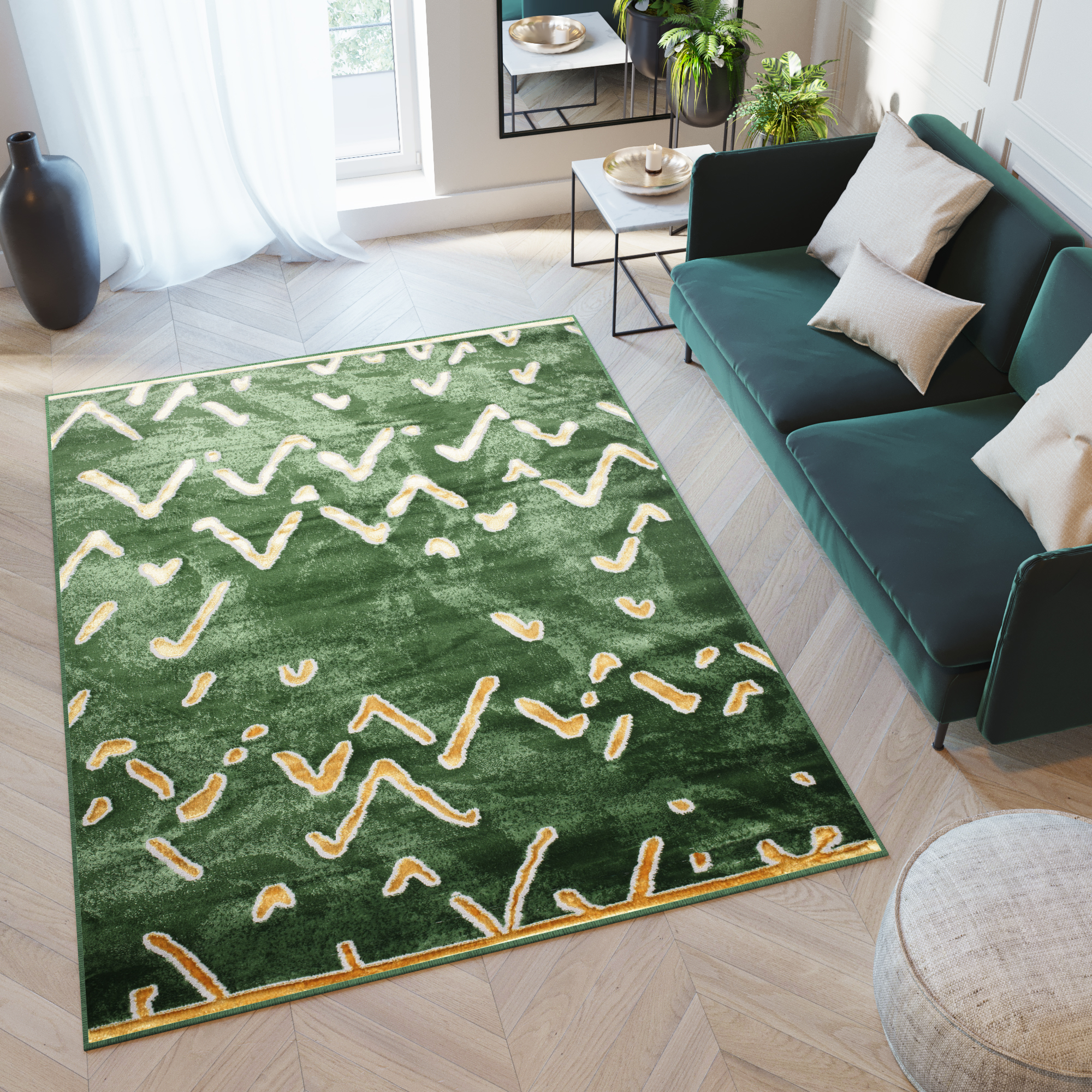 Area Rug Turmalin Green Gold Flecked Zigzags