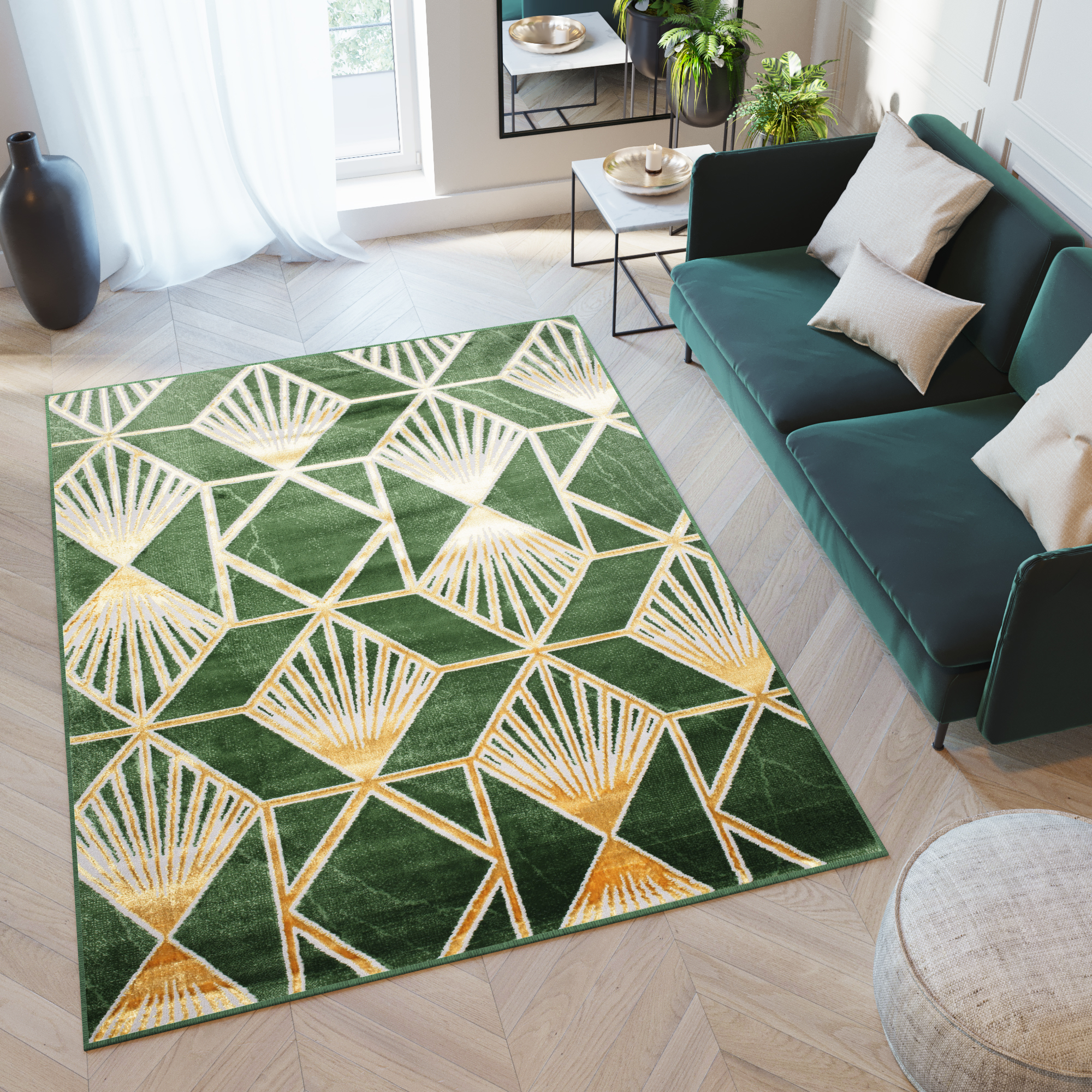 Area Rug Turmalin Green Gold Geometric Lines