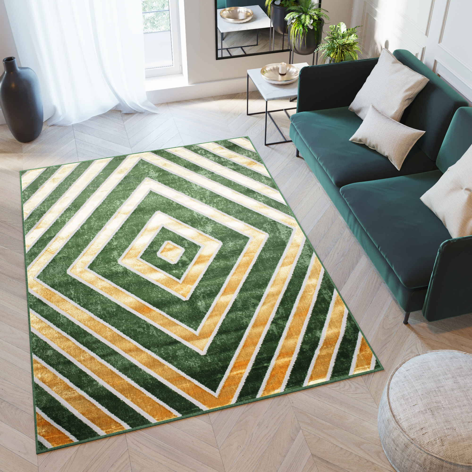 Area Rug Turmalin Green Gold Geometric Diamonds