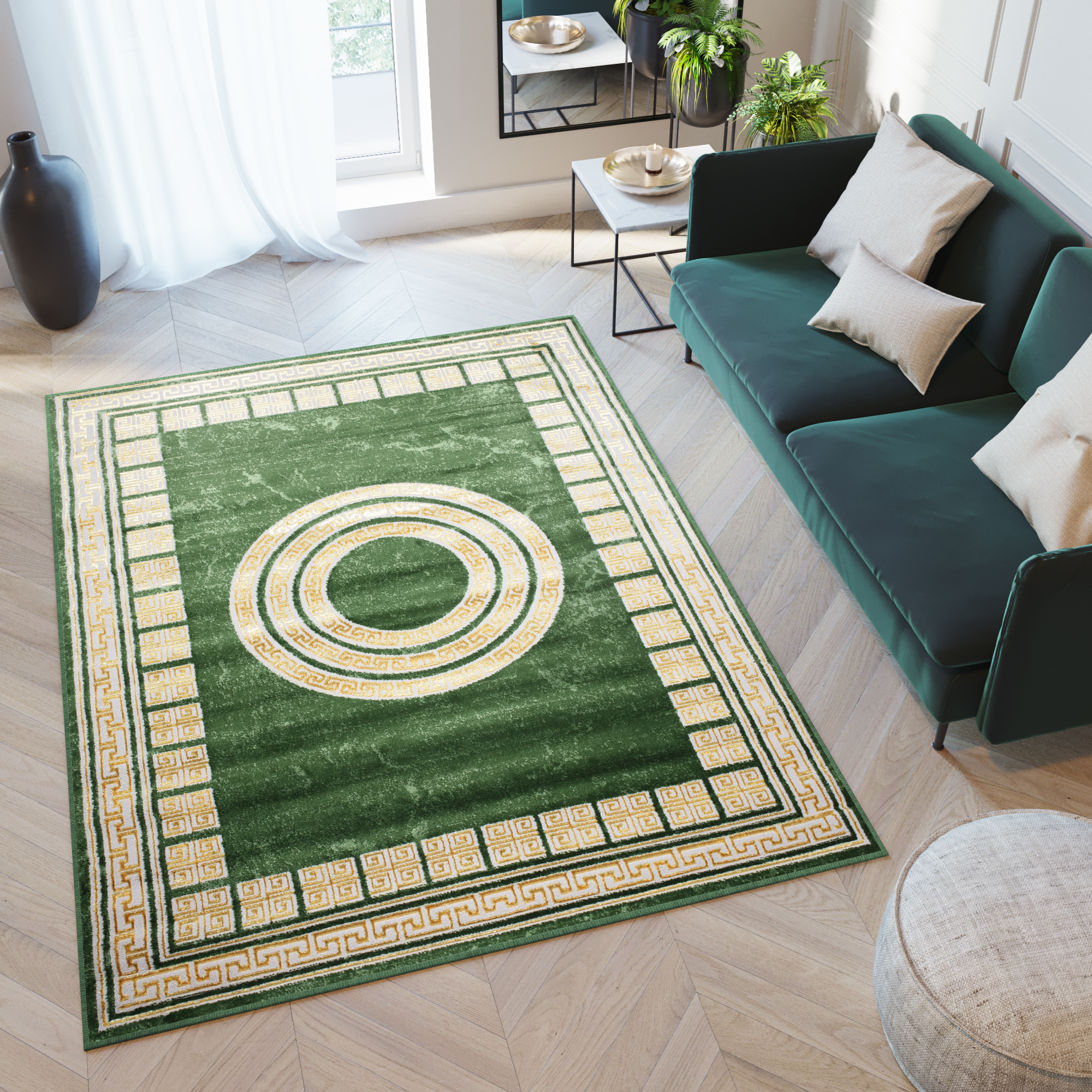 Area Rug Turmalin Green Gold Frame Round Rosette