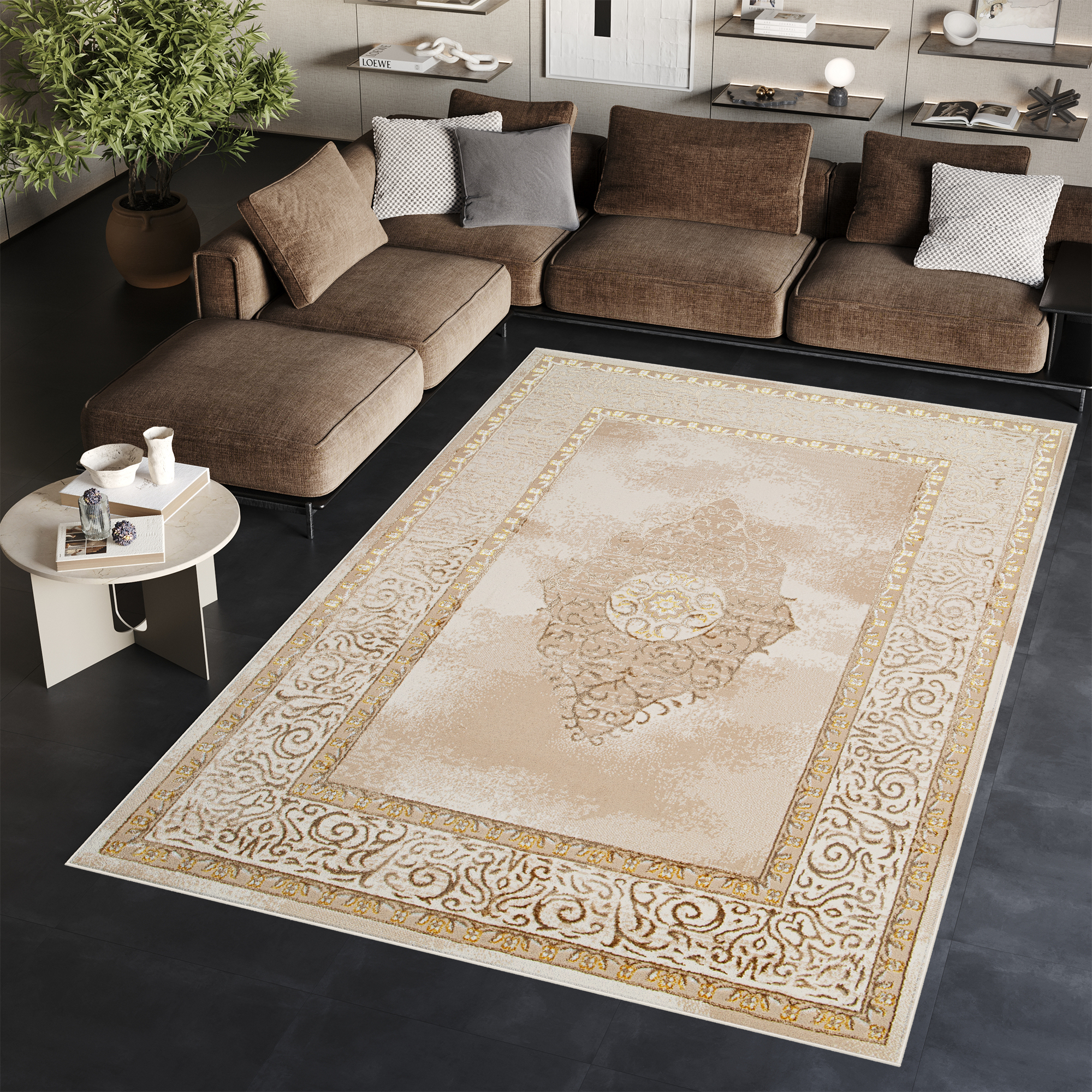 Area Rug Ares Gold Brown Beige Rosette
