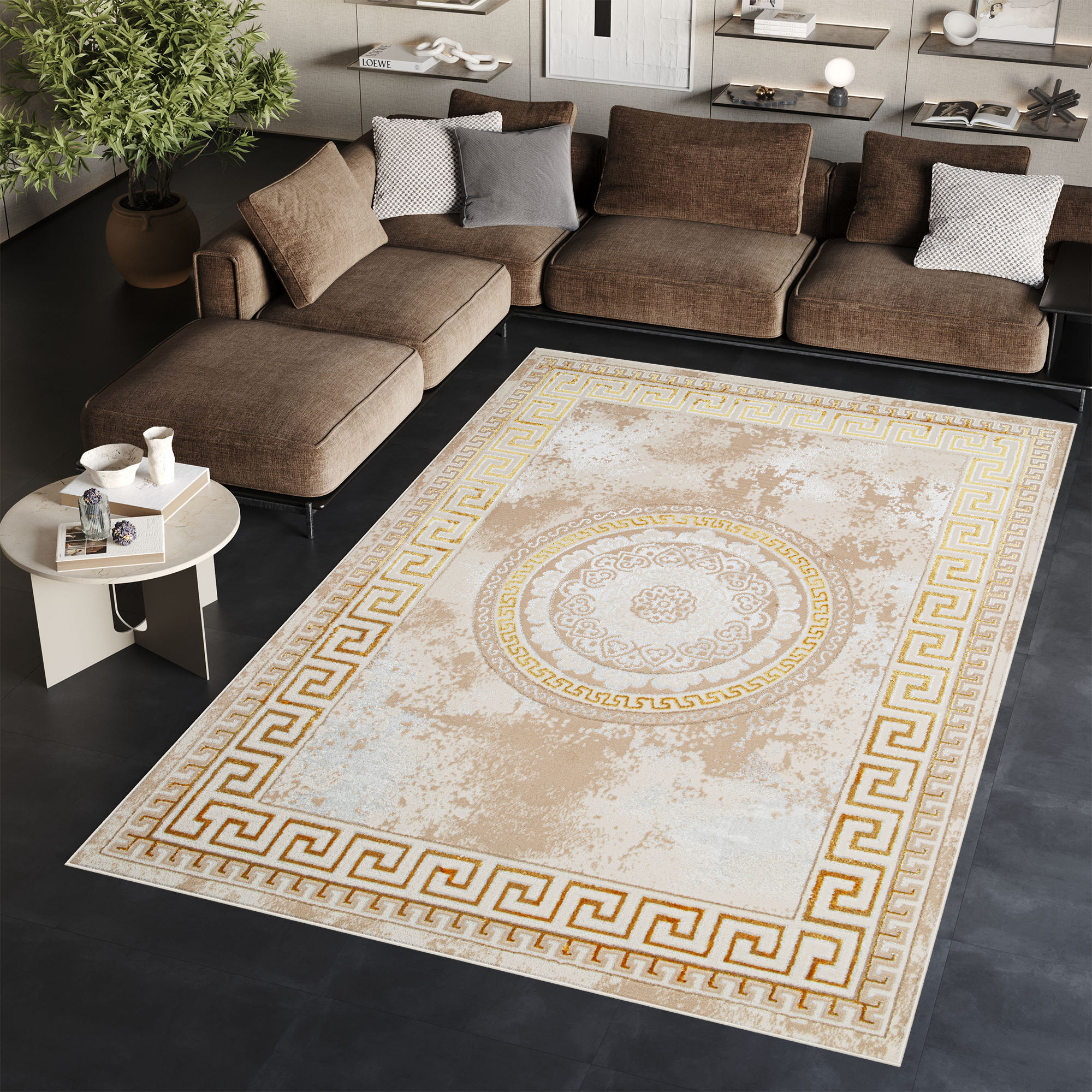 Area Rug Ares Gold Beige Ornaments Medallion