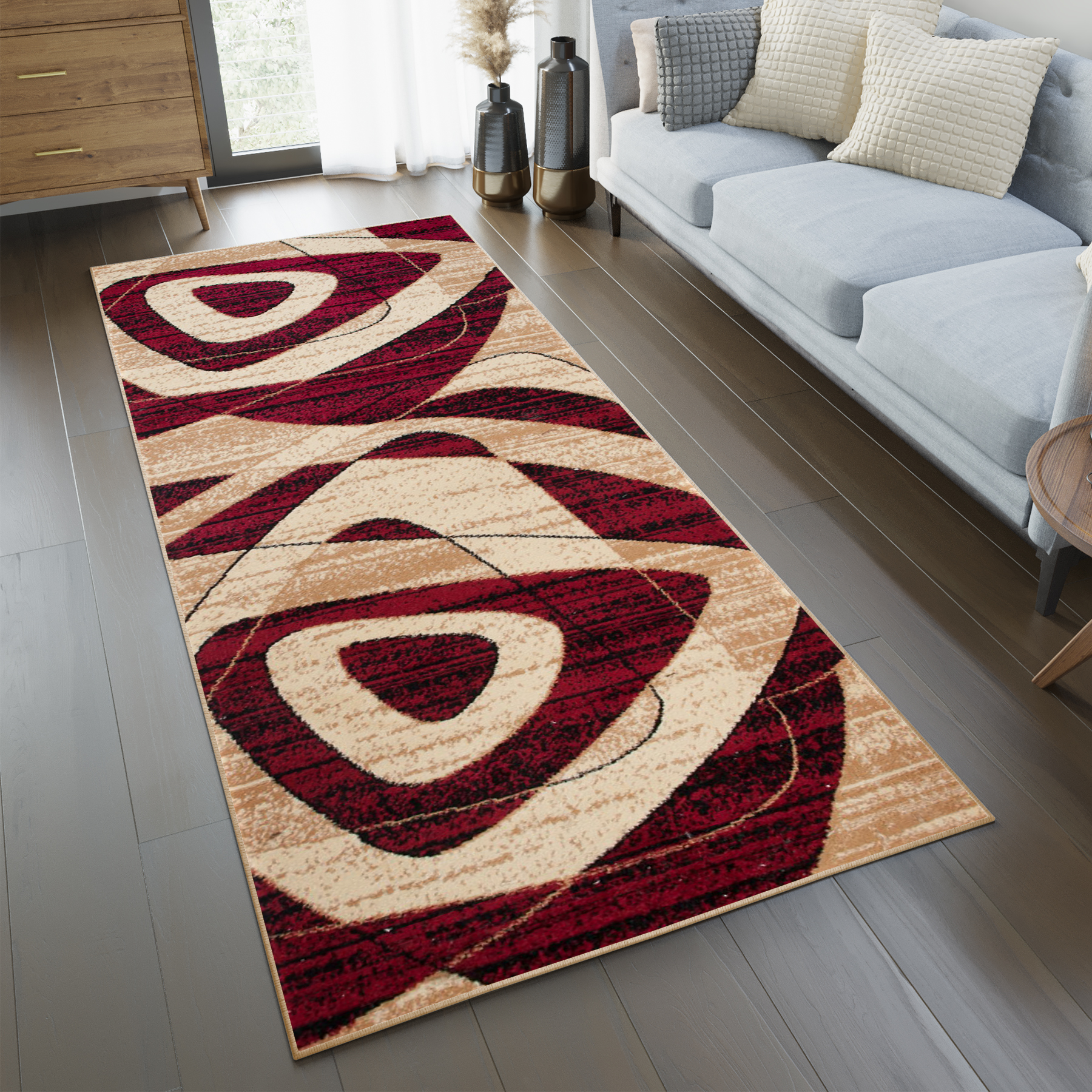 Carpet Runner Dream Geometric Cream Burgundy Triangles