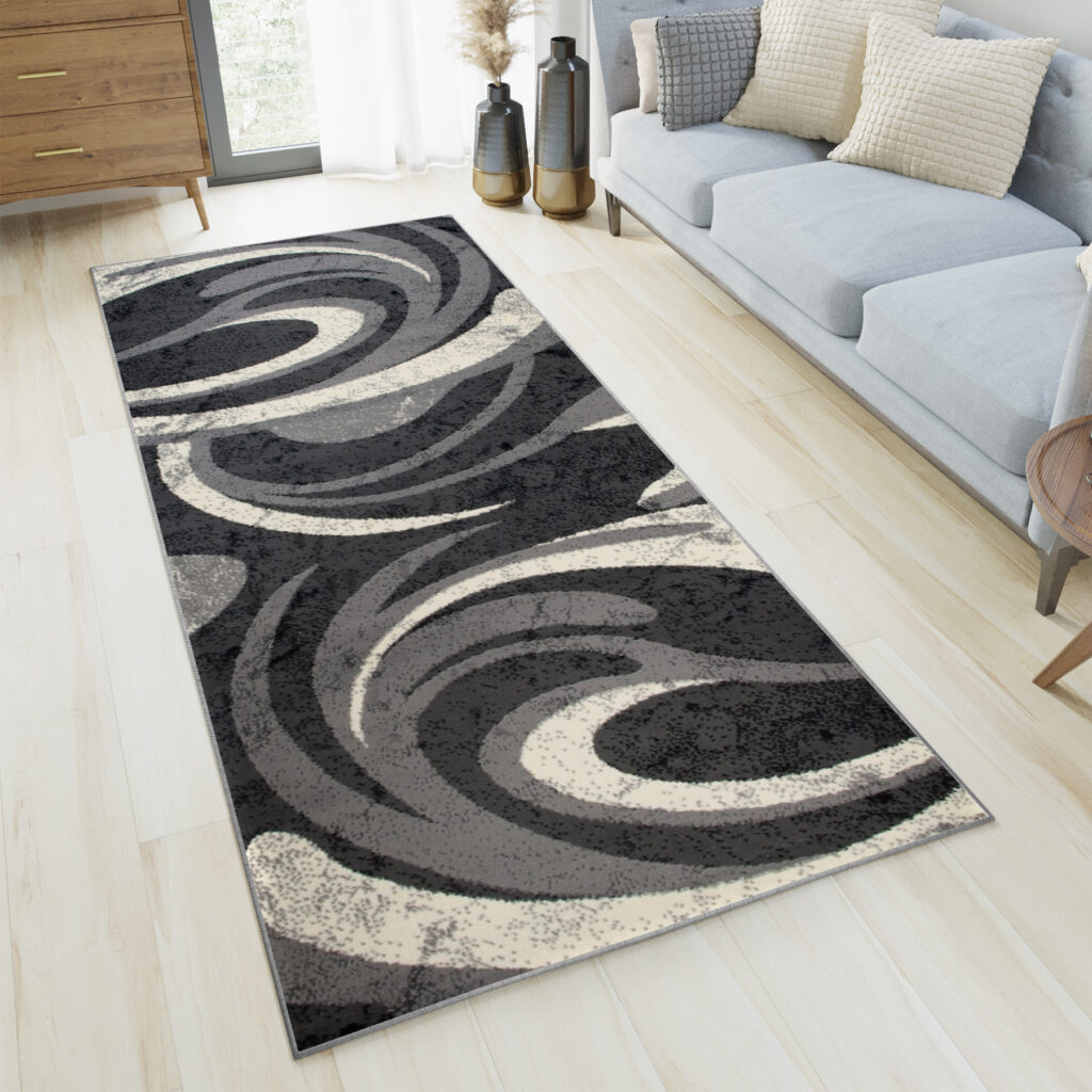 Carpet Runner Dream Dark Grey Cream Abstract Waves
