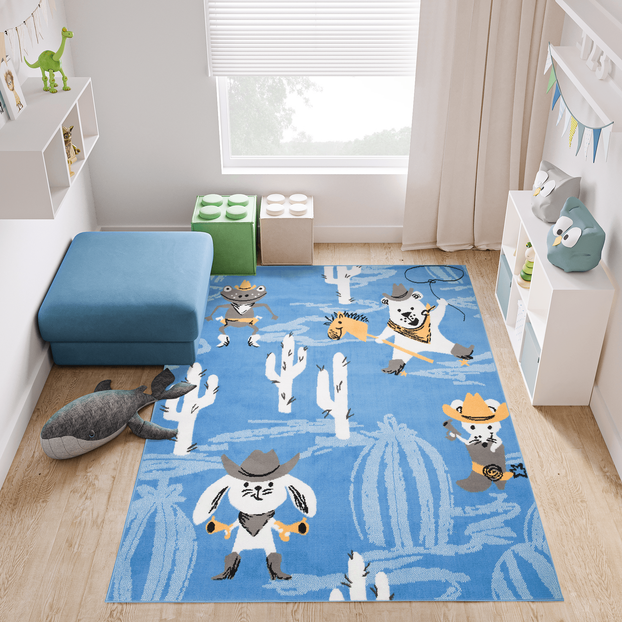 Area Rug Jolly Play Mat Blue White Animals Cactus