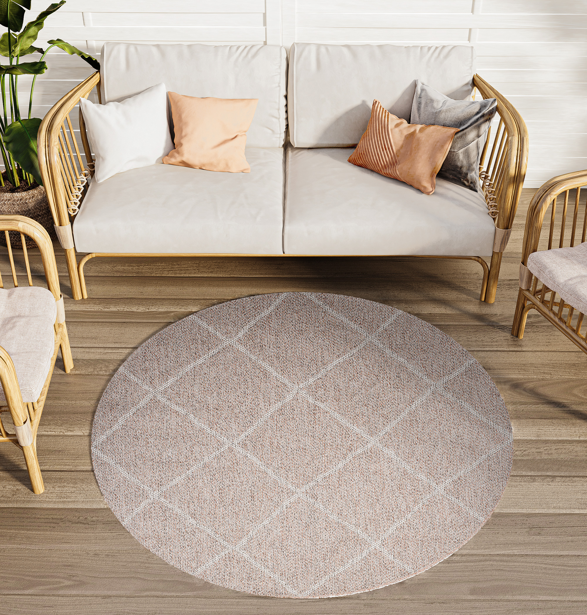 Area Rug Arruba Round Indoor Outdoor Rose Grey Checkered