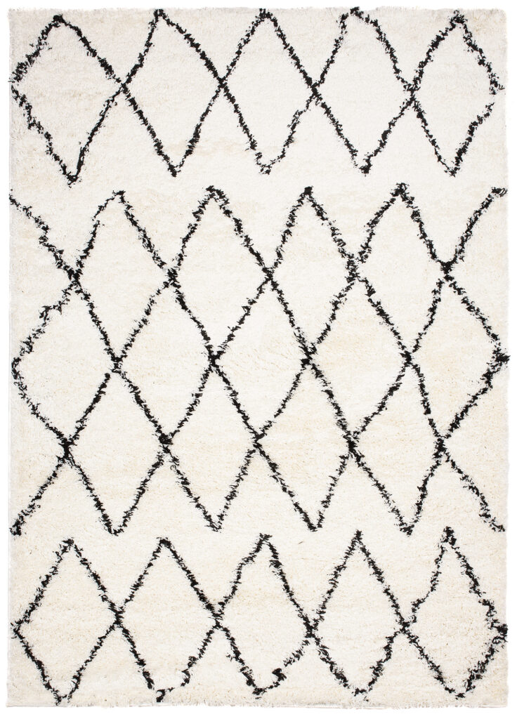 Area Rug Evra Shaggy Cream Black ZigZag Diamond