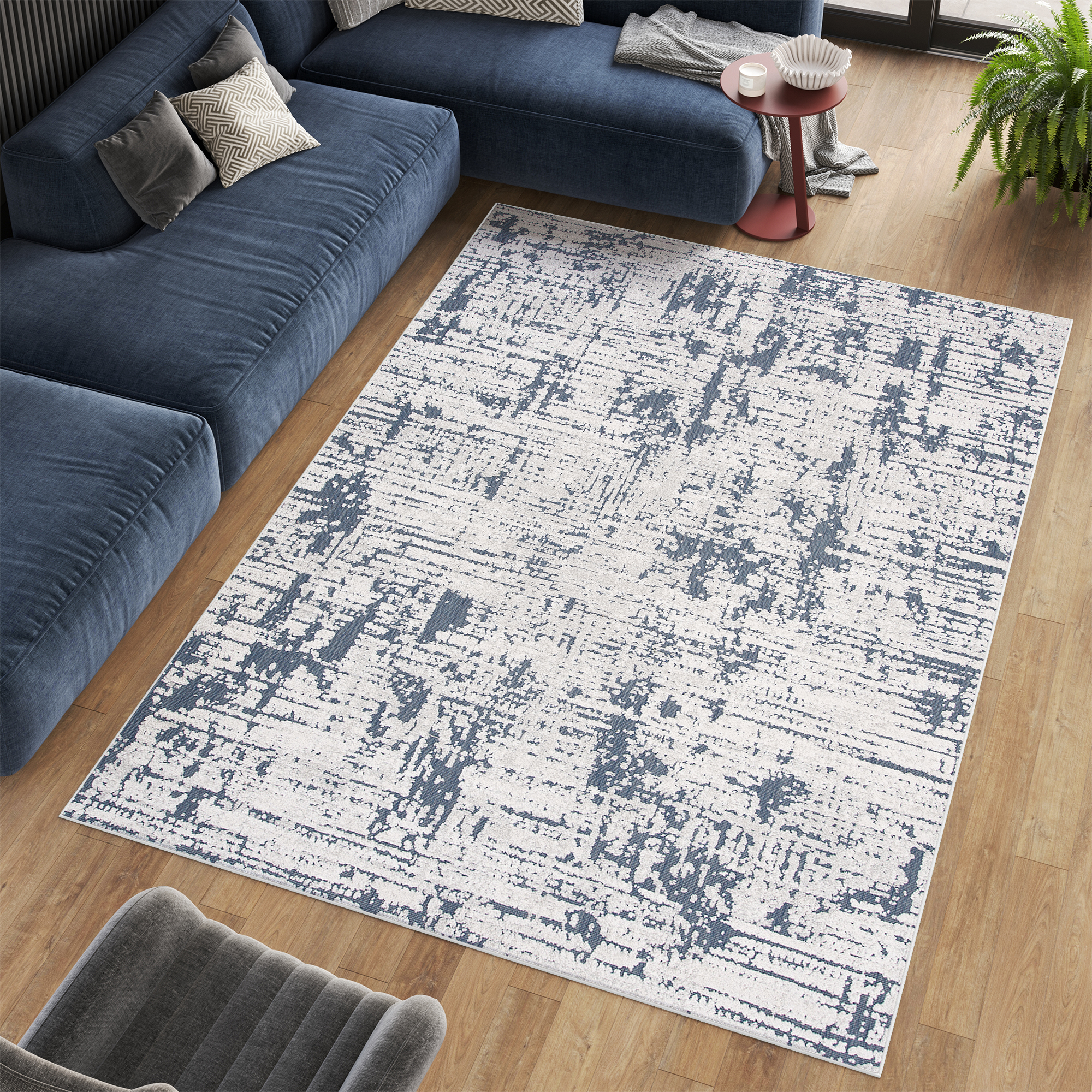 Area Rug Lotus Modern Abstract Lines Ivory Blue