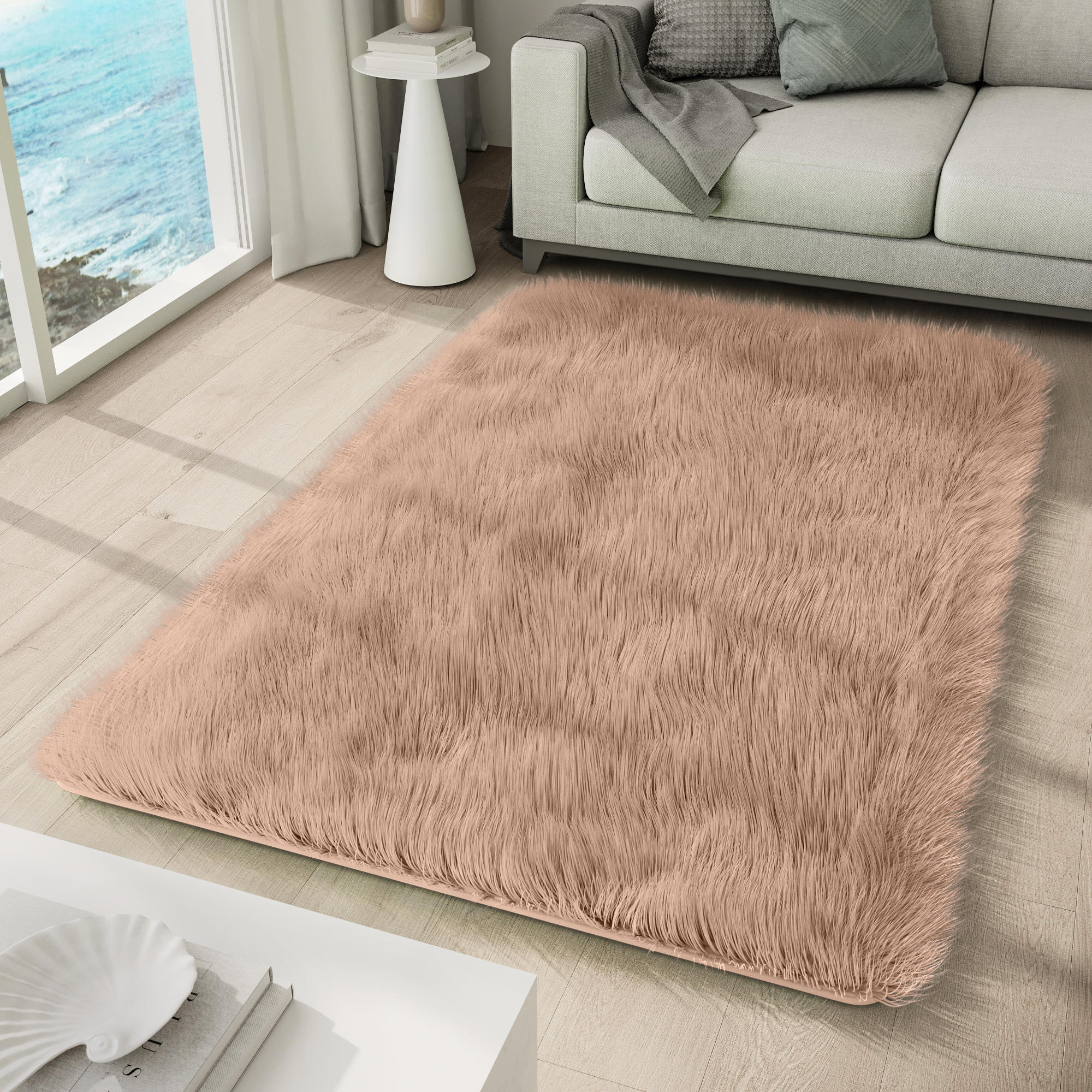 Area Rug Silk Anti-slip Shaggy Light Beige