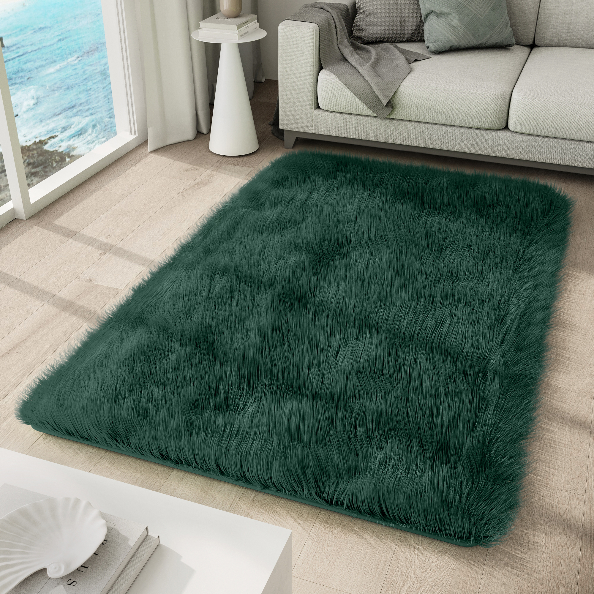 Area Rug Silk Anti-slip Shaggy Dark Green