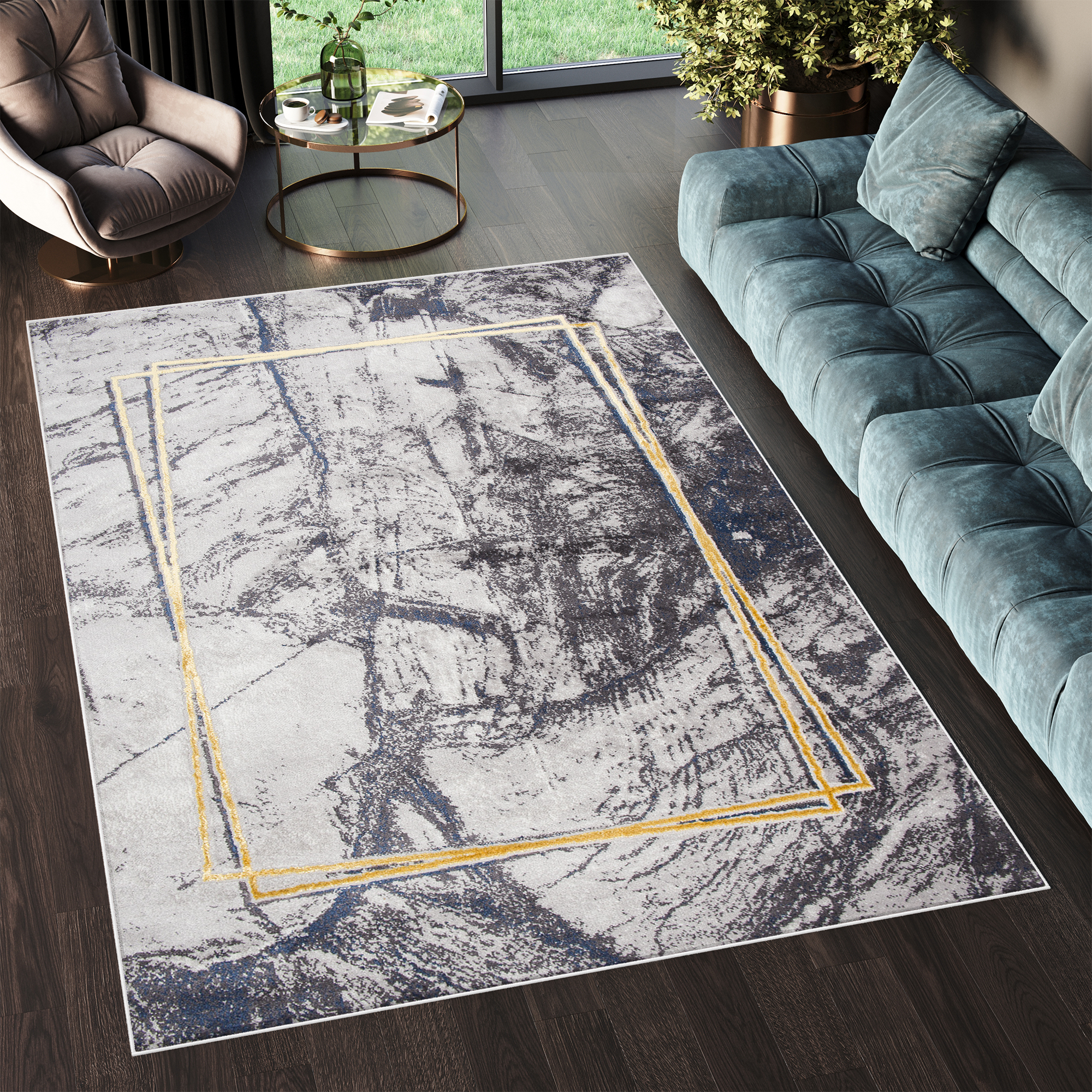 Area Rug Shine Dark Grey Gold Modern Frame 3D Effect