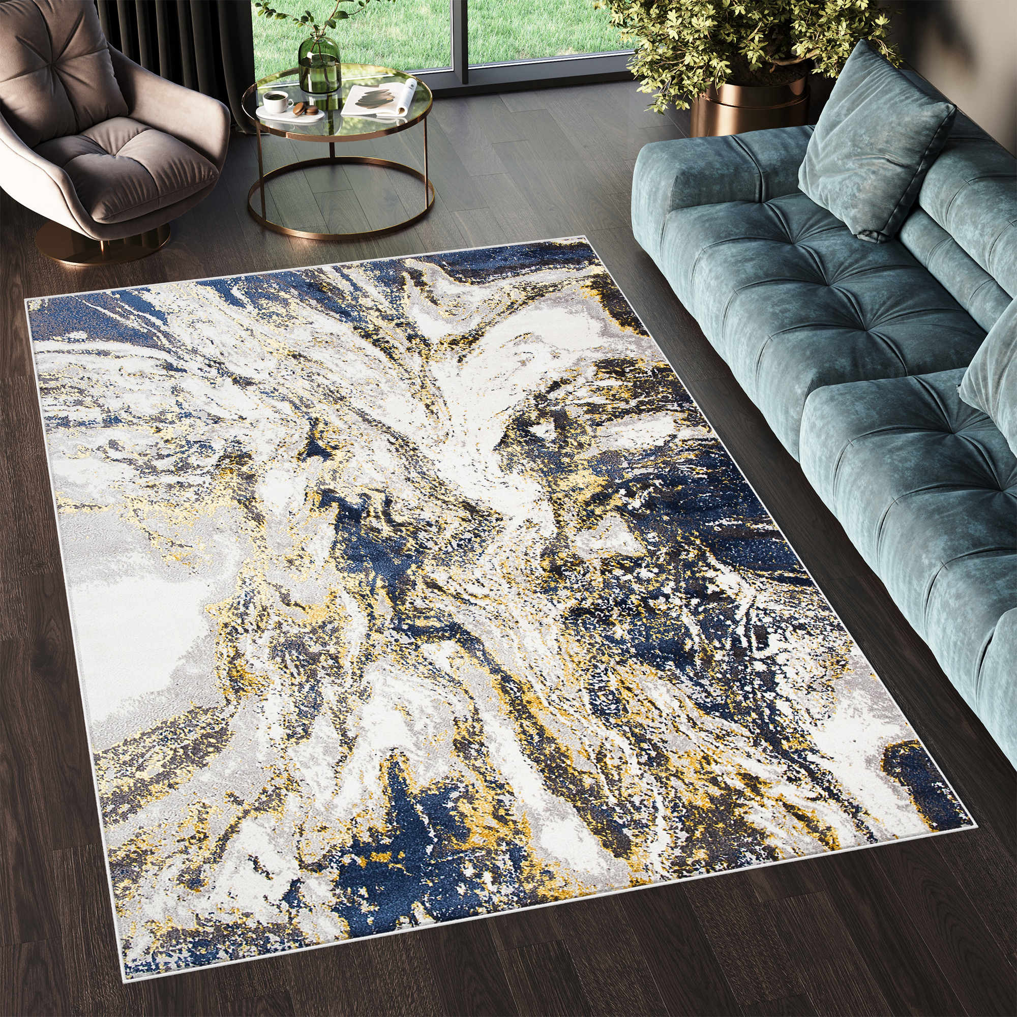 Area Rug Shine Navy Cream Gold Abstract 3D Effect