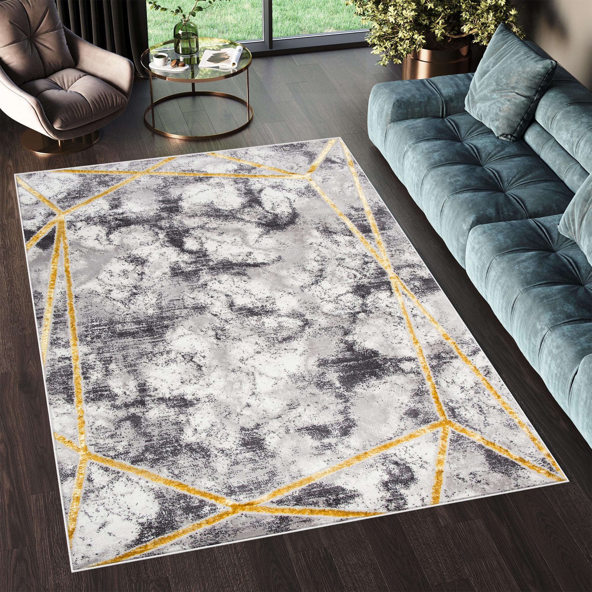 Area Rug Shine Grey Gold Modern Lines 3D Effect