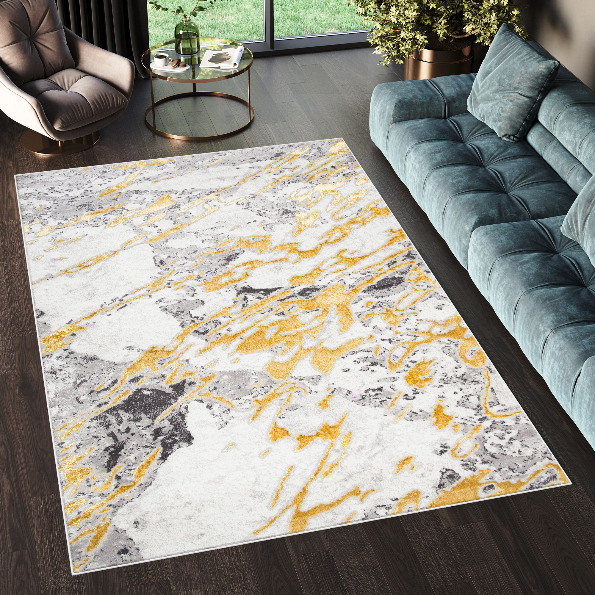 Area Rug Shine Cream Grey Gold Abstract 3D Effect