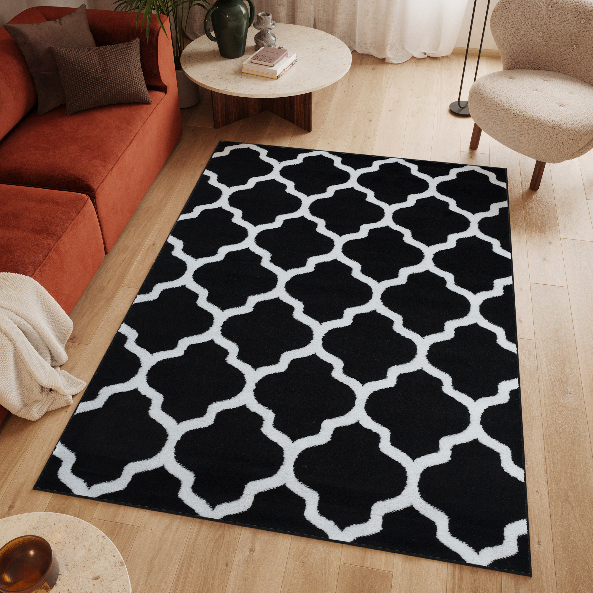 Area Rug Luxury Short Pile Trellis Moroccan Black White