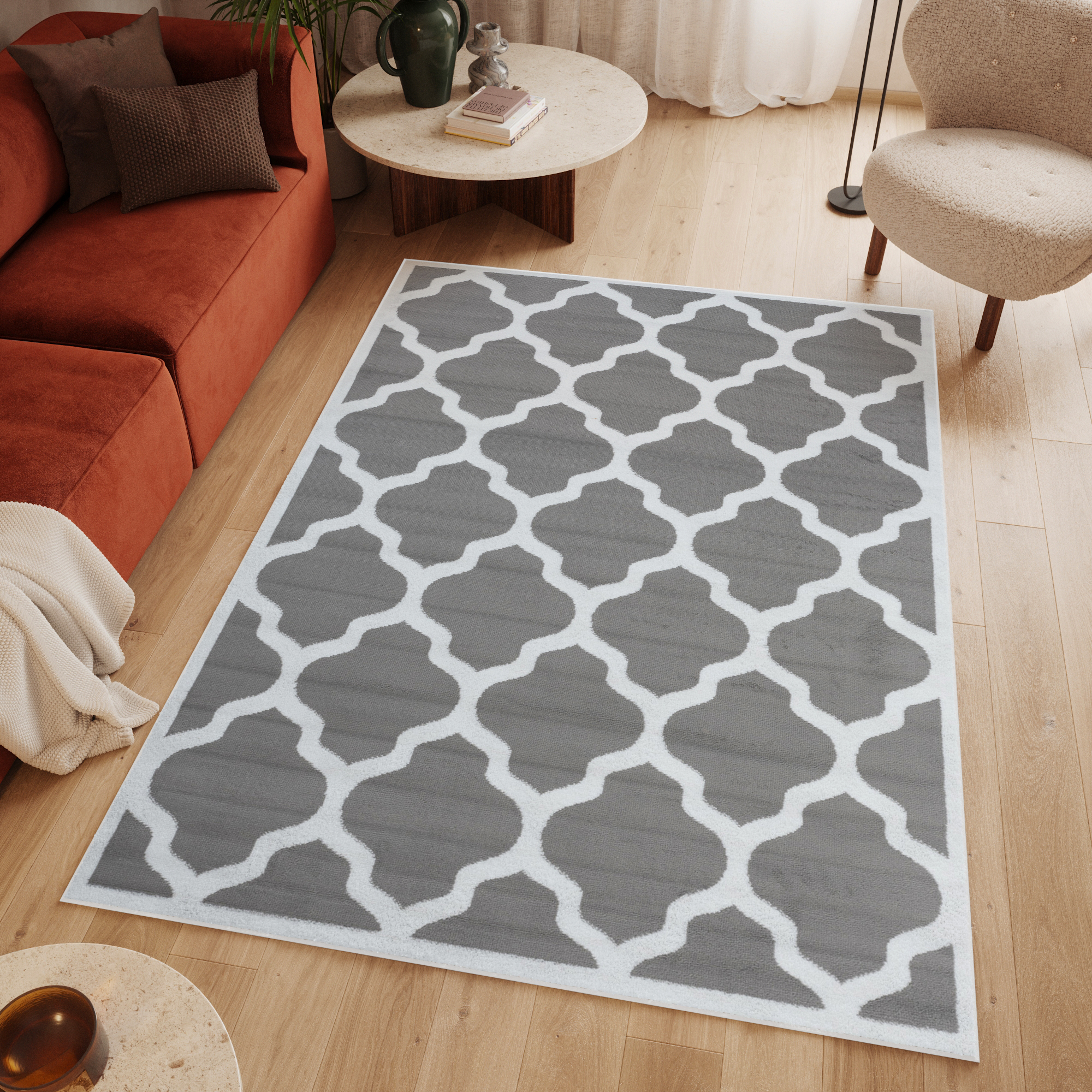Area Rug Luxury Short Pile Moroccan Trellis Grey White