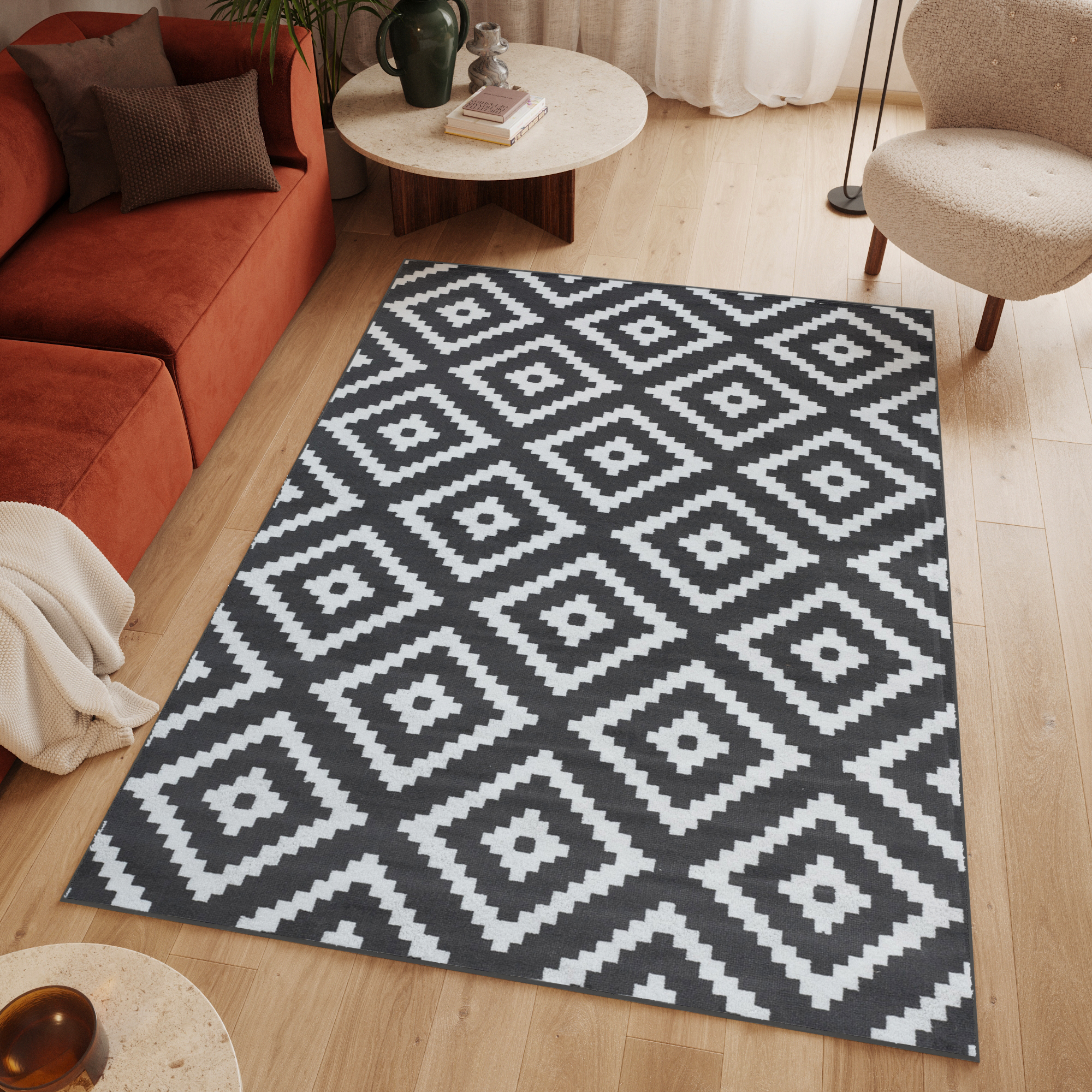 Area Rug Luxury Short Pile Diamond Dark Grey White