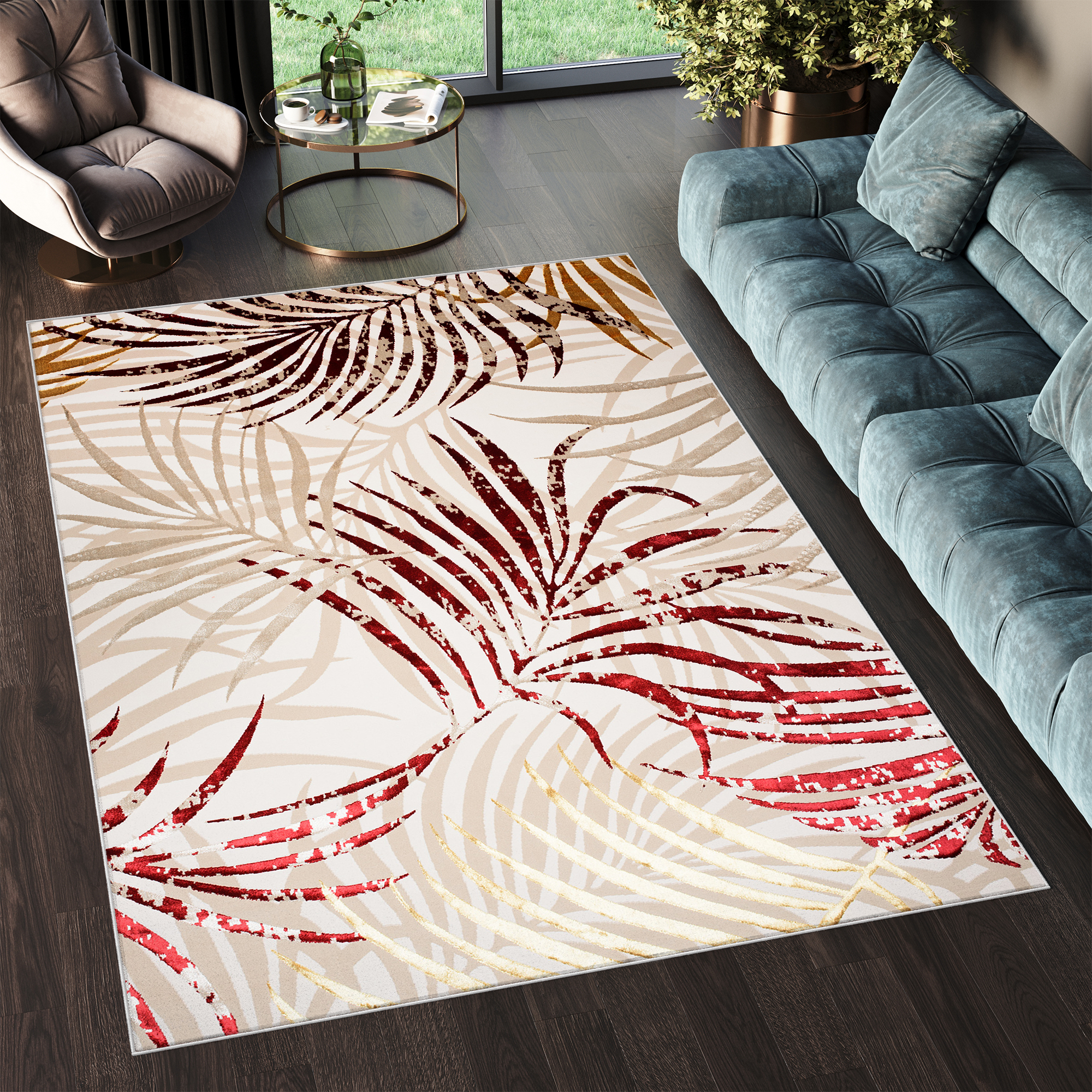 Area Rug Golden Cream Beige Red Leaves