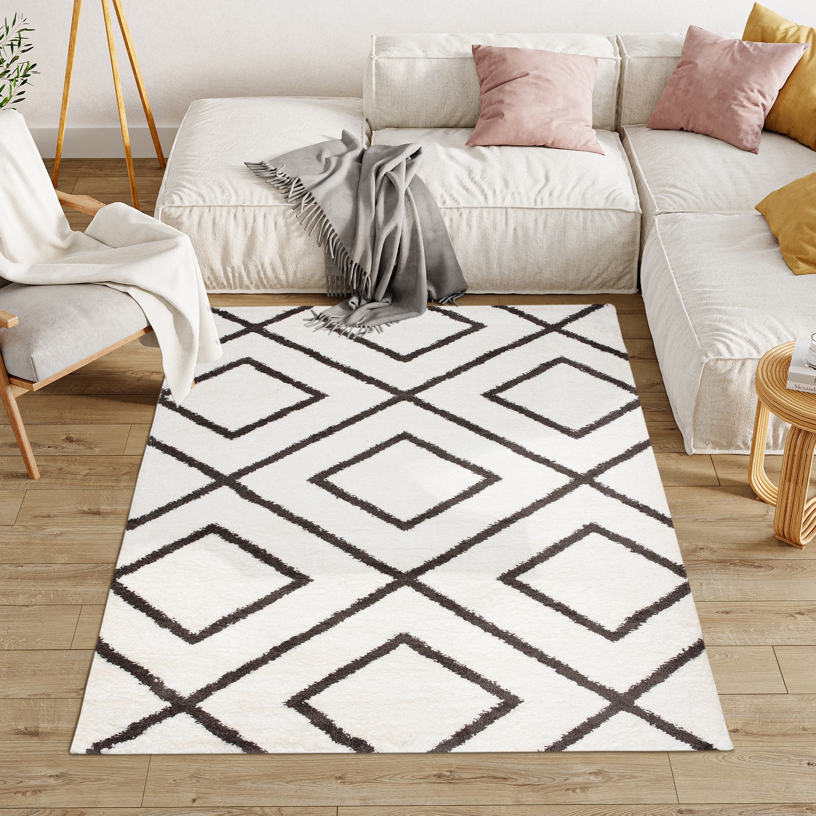 Area Rug Modena Shaggy Anthracite Cream Diamond