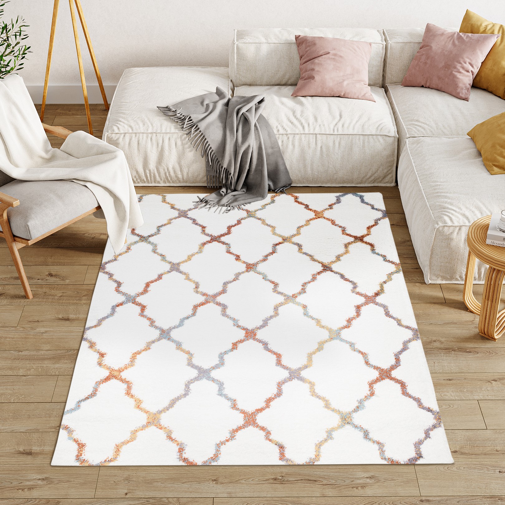 Area Rug Modena Shaggy Rusty White Trellis