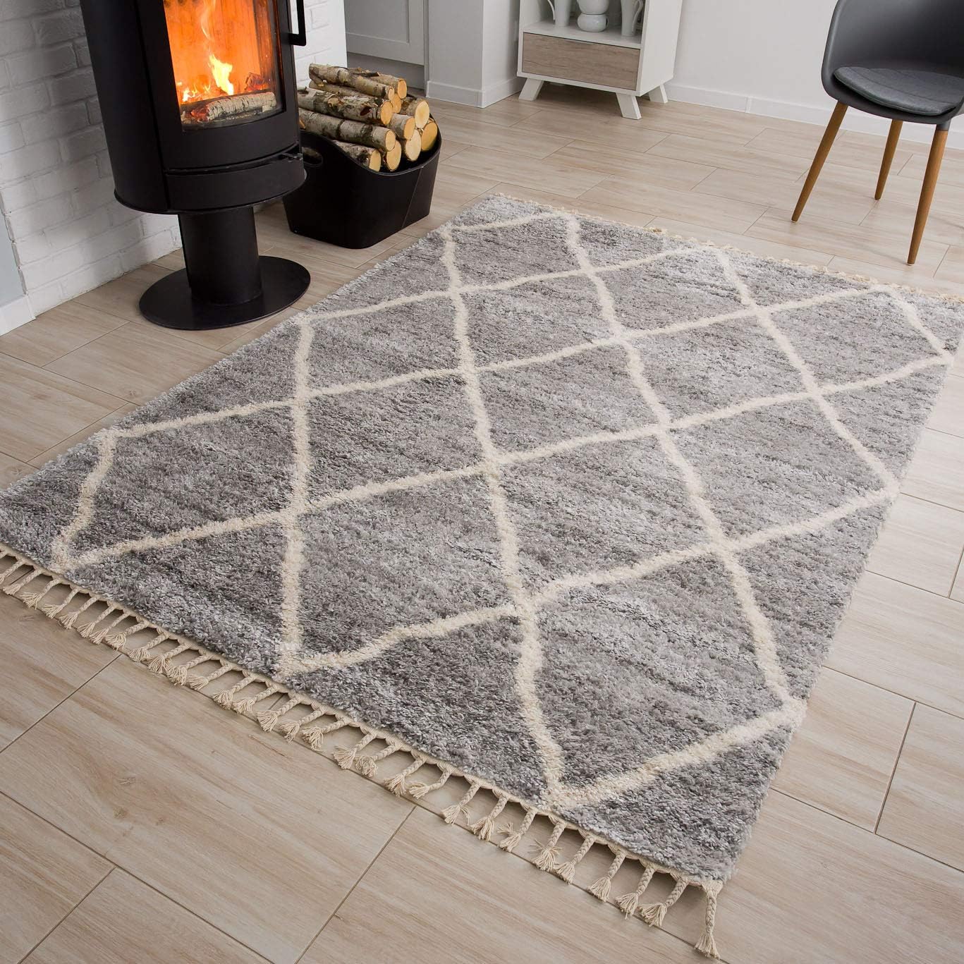 Area Rug Versay Fringes Shaggy Diamond Lines Grey